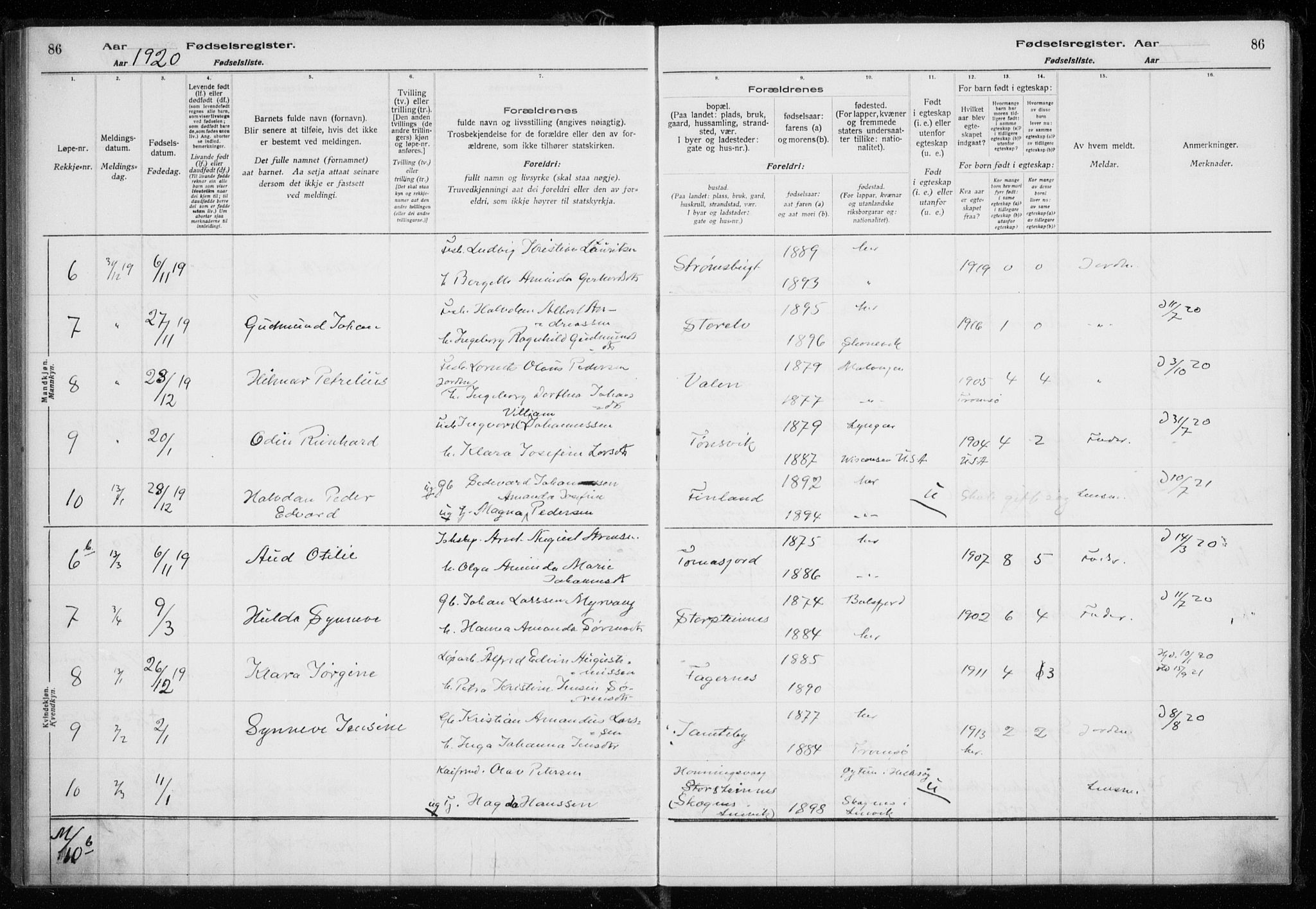 Tromsøysund sokneprestkontor, AV/SATØ-S-1304/H/Ha/L0079: Birth register no. 79, 1916-1924, p. 86