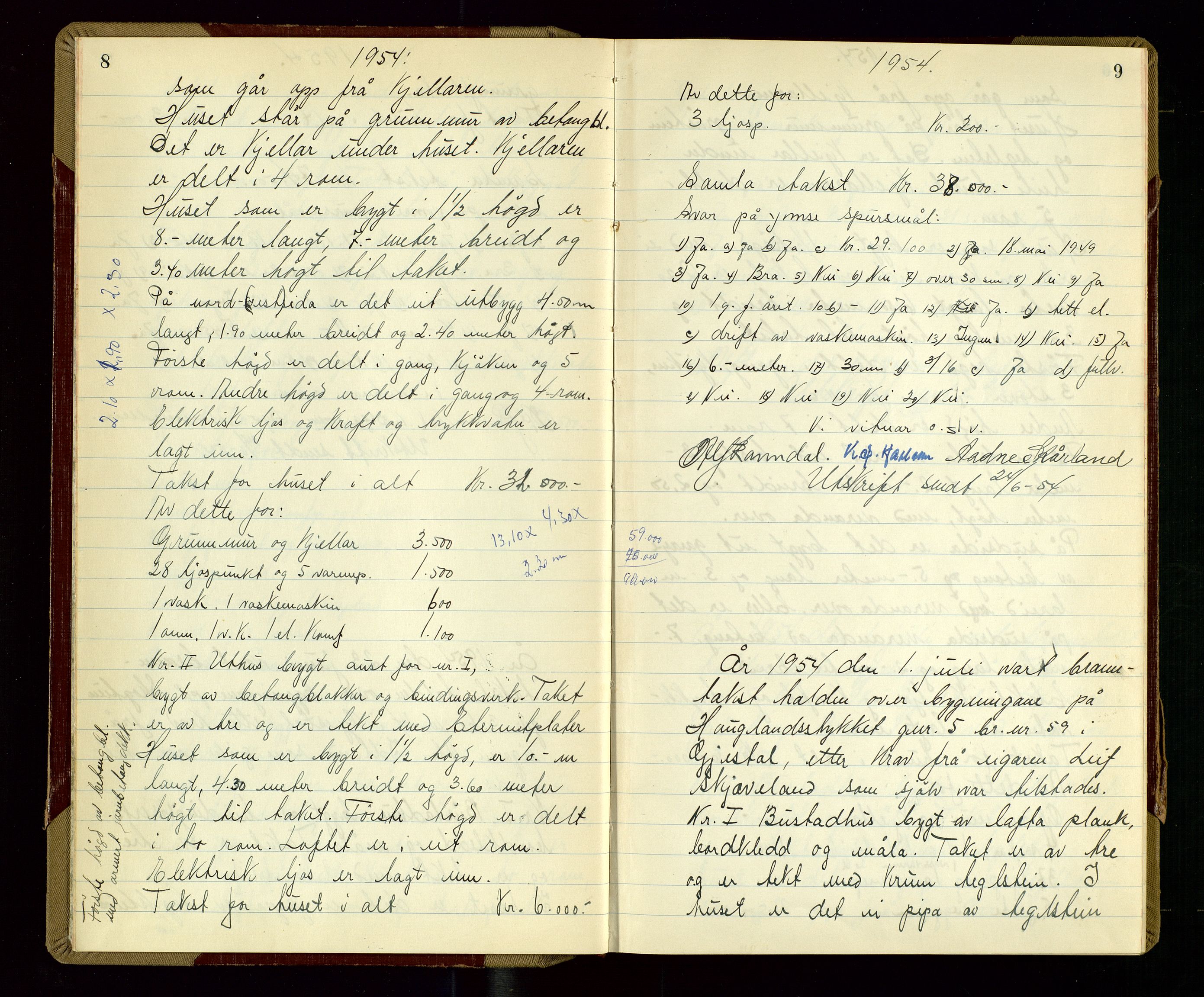Gjesdal lensmannskontor, AV/SAST-A-100441/Go/L0006: Branntakstprotokoll, 1954-1955, p. 8-9