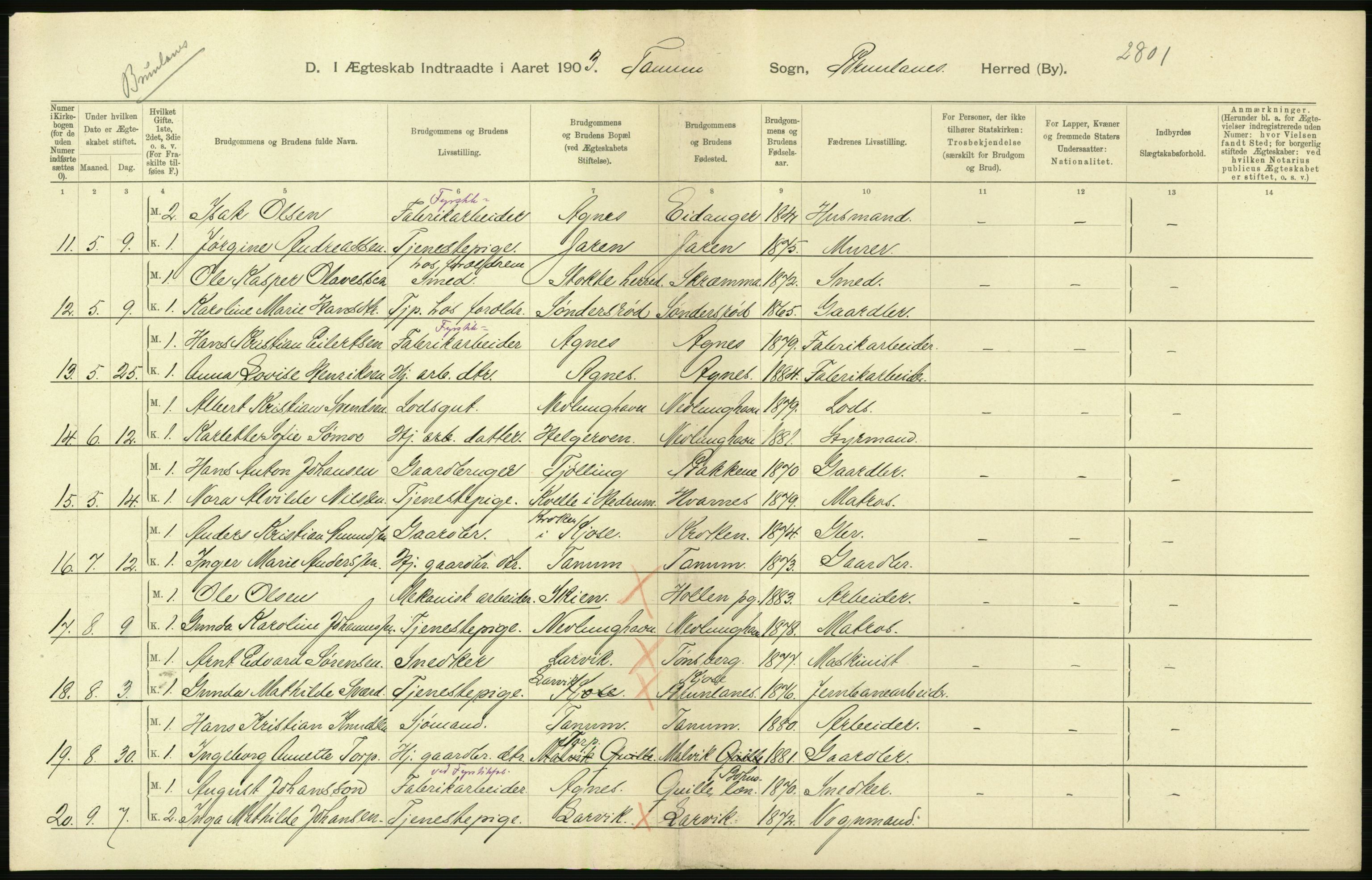 Statistisk sentralbyrå, Sosiodemografiske emner, Befolkning, RA/S-2228/D/Df/Dfa/Dfaa/L0008: Jarlsberg og Larvik amt: Fødte, gifte, døde, 1903, p. 380