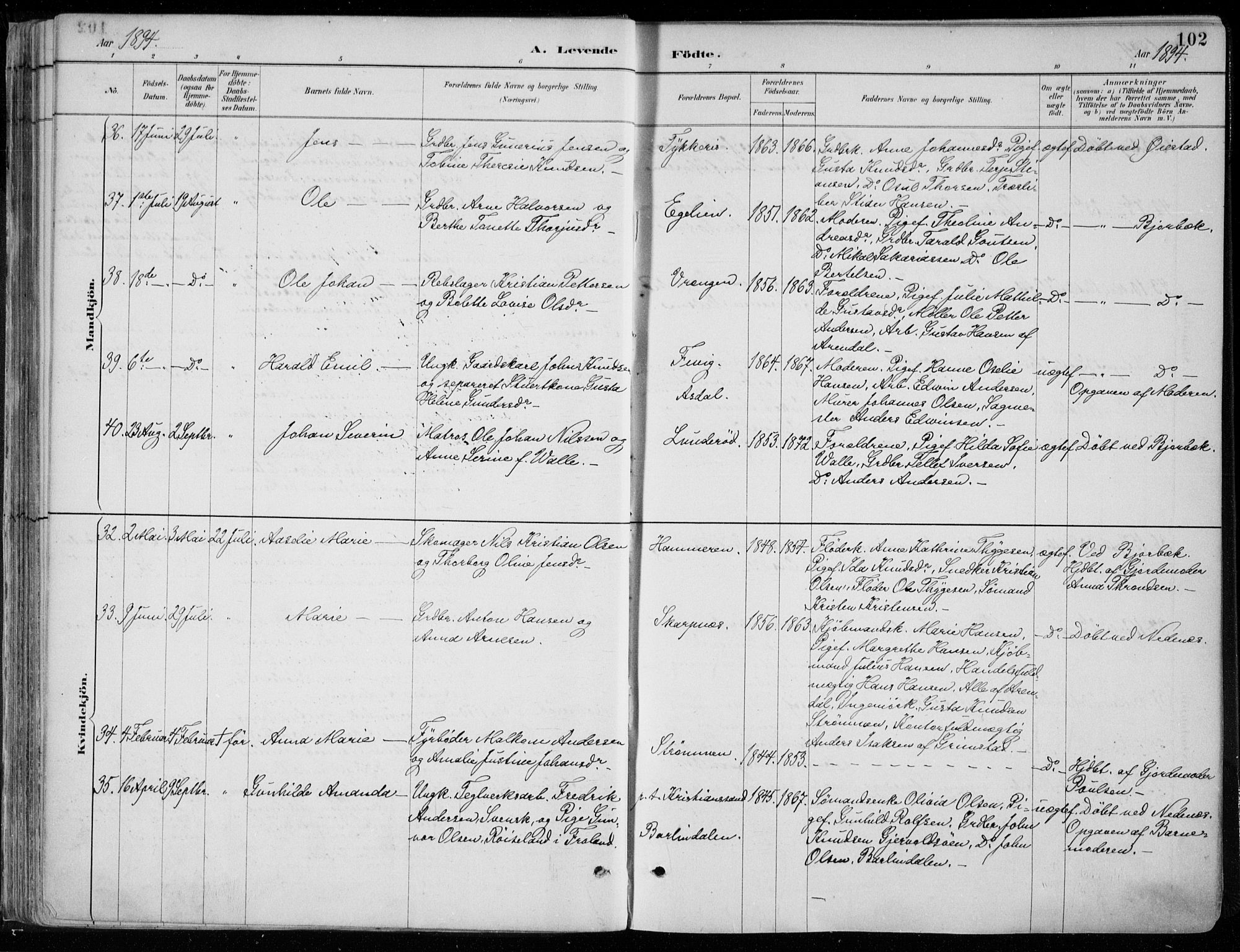 Øyestad sokneprestkontor, AV/SAK-1111-0049/F/Fa/L0017: Parish register (official) no. A 17, 1887-1896, p. 102