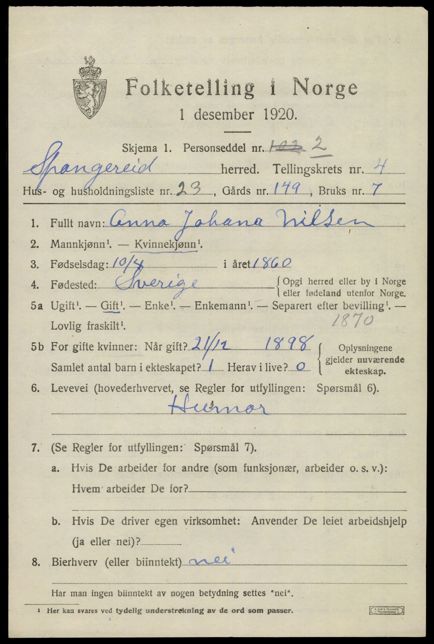 SAK, 1920 census for Spangereid, 1920, p. 1721