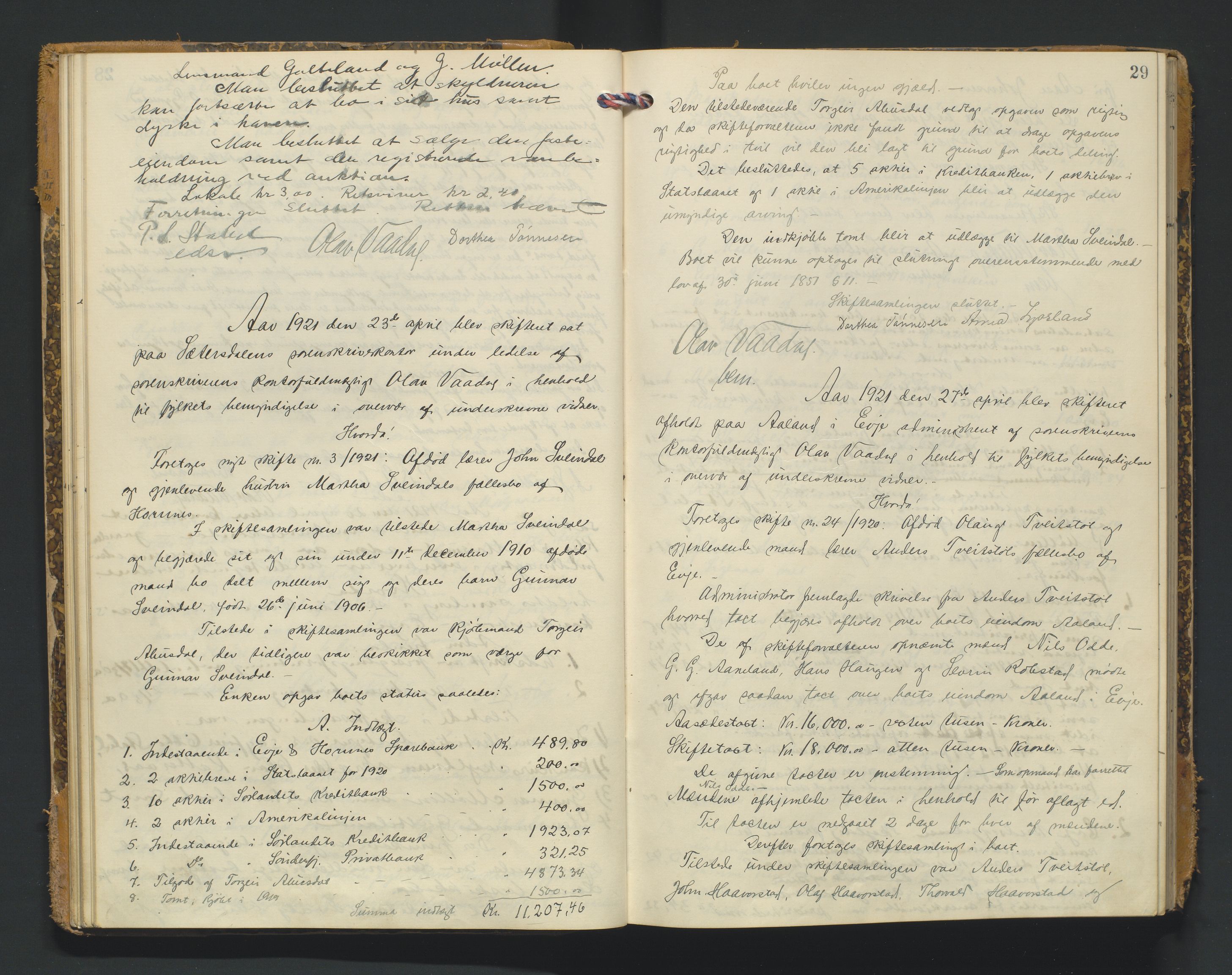 Setesdal sorenskriveri, AV/SAK-1221-0011/H/Hc/L0040: Skifteforhandlingsprotokoll nr 12, 1920-1927, p. 29