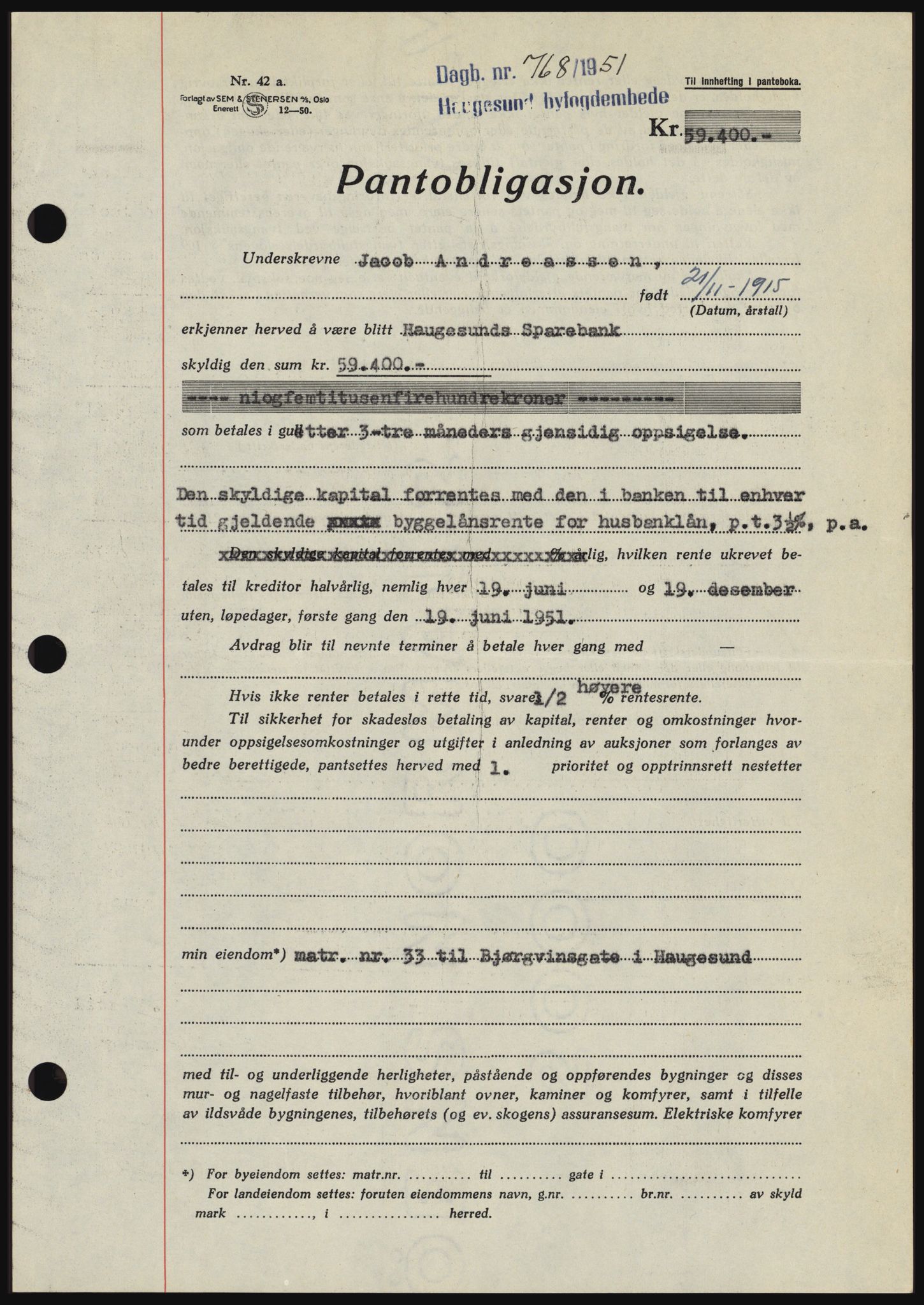 Haugesund tingrett, AV/SAST-A-101415/01/II/IIC/L0038: Mortgage book no. B 38, 1950-1951, Diary no: : 768/1951
