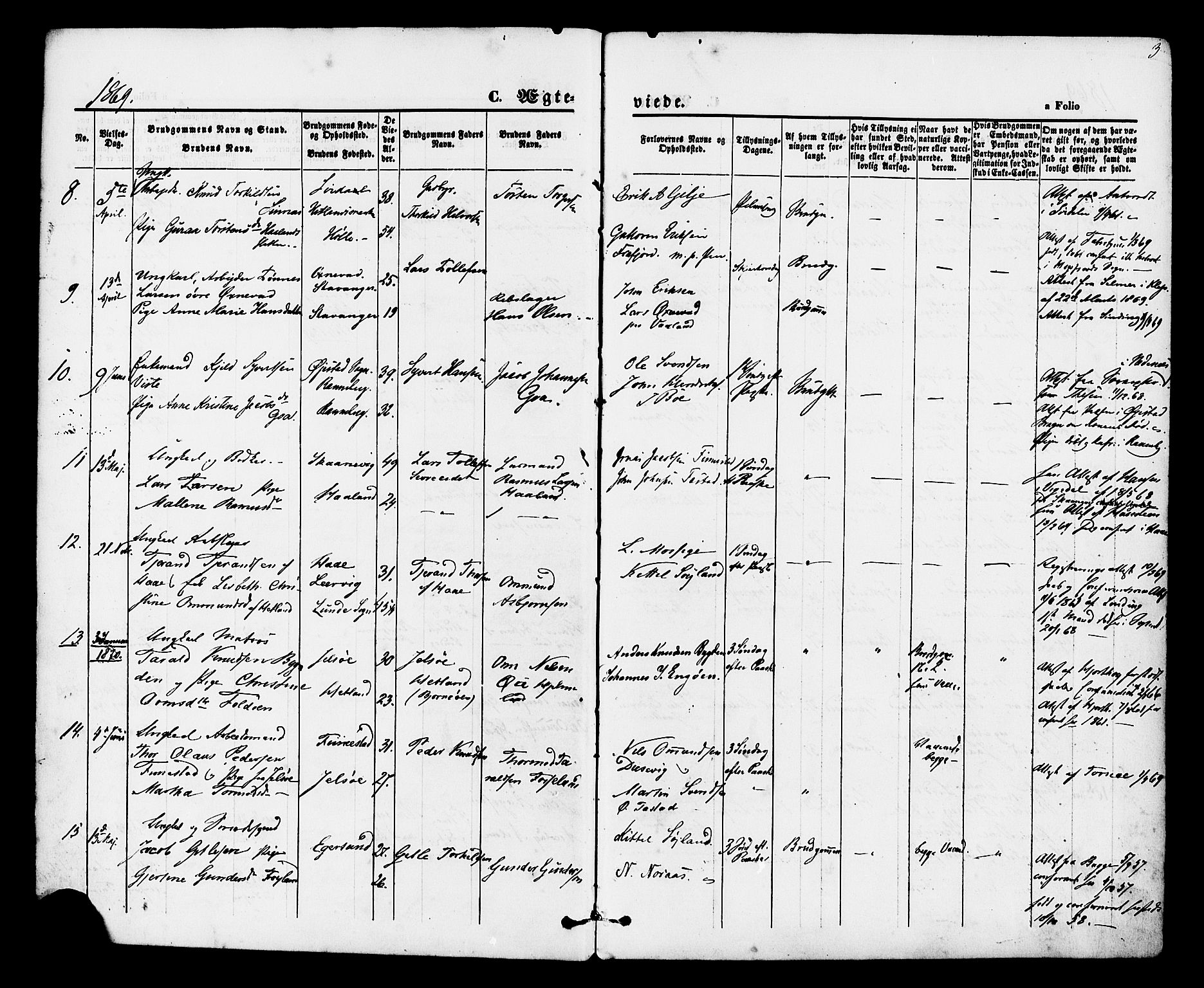 Hetland sokneprestkontor, SAST/A-101826/30/30BA/L0005: Parish register (official) no. A 5, 1869-1884, p. 3