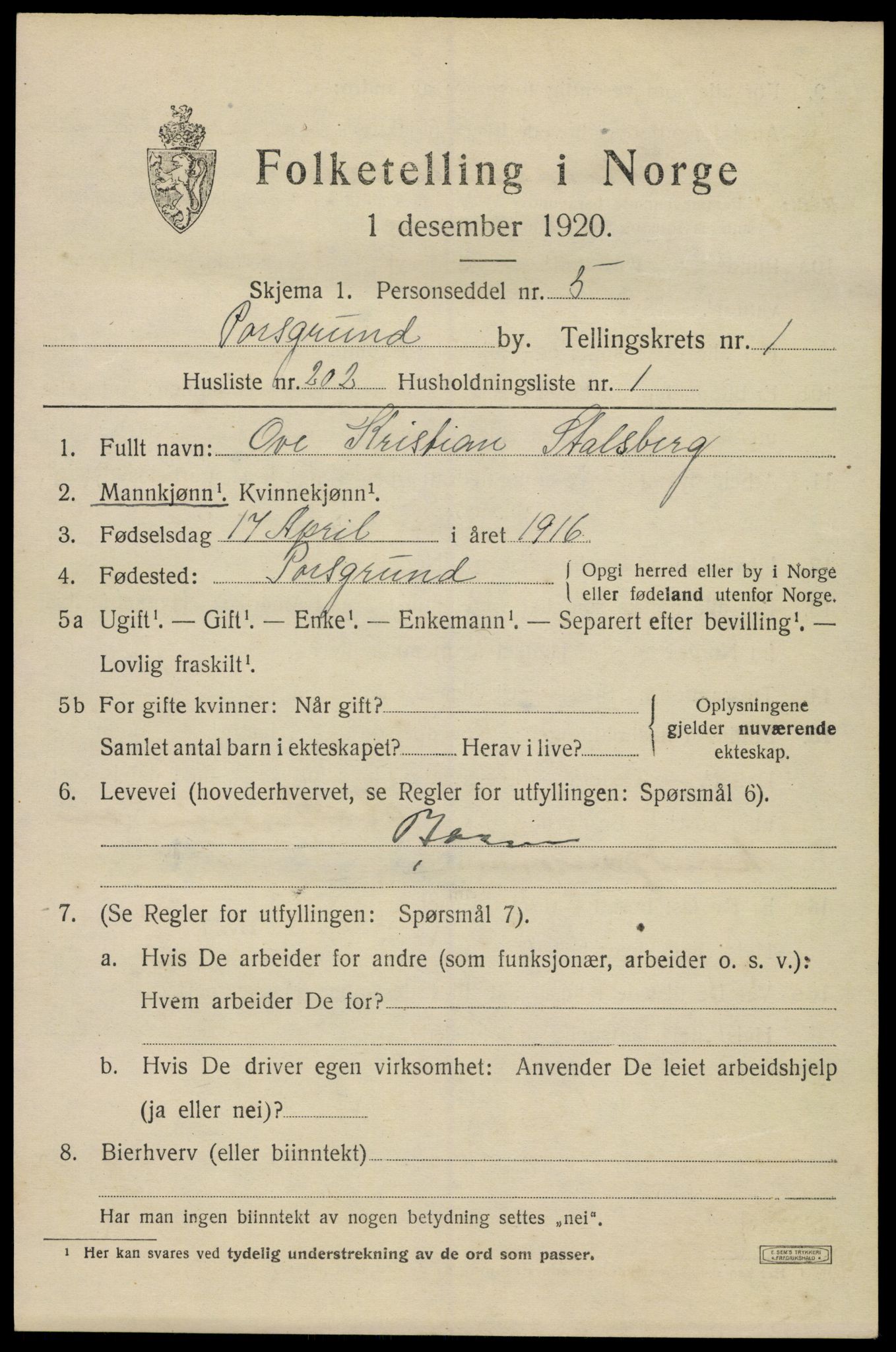 SAKO, 1920 census for Porsgrunn, 1920, p. 9439