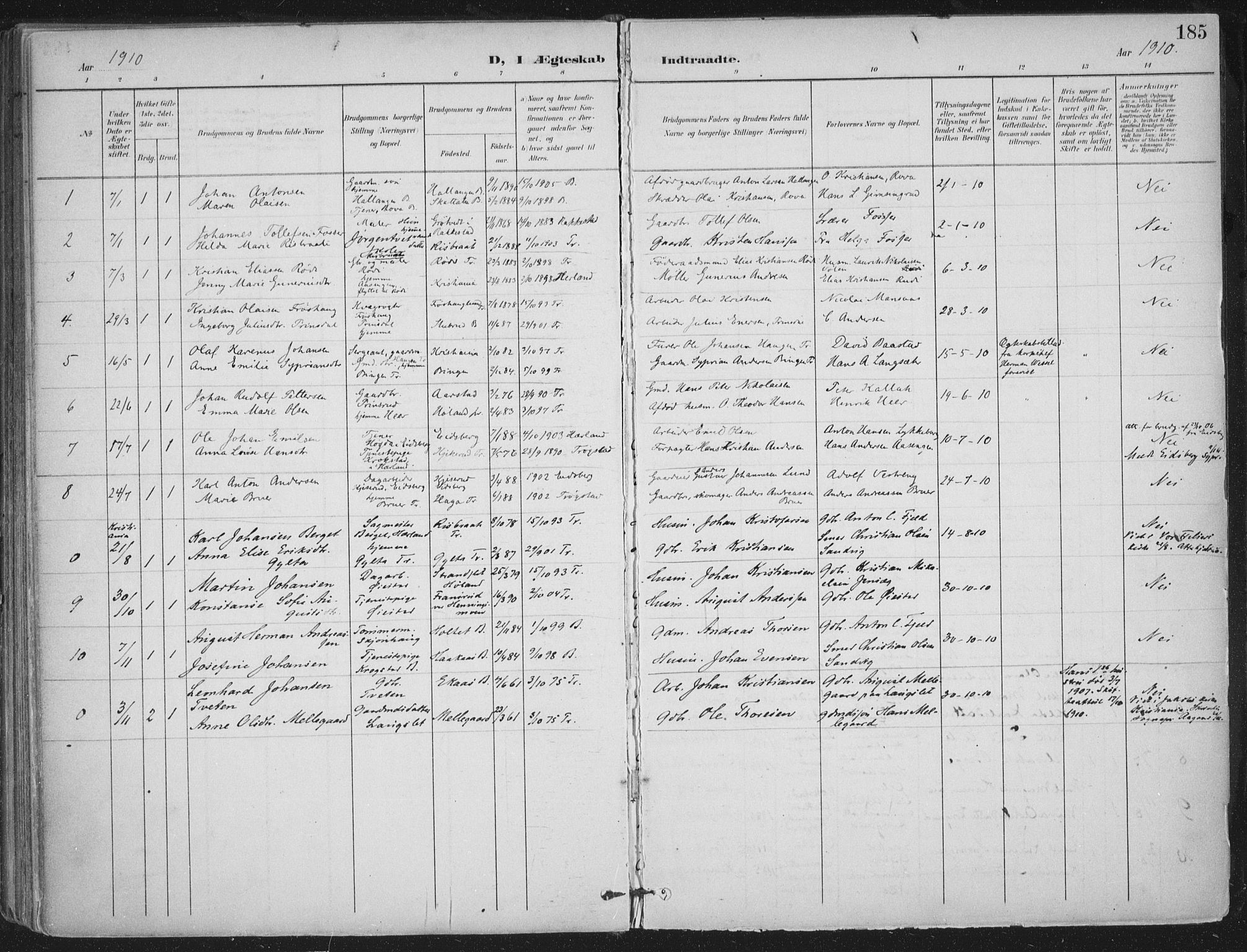 Trøgstad prestekontor Kirkebøker, AV/SAO-A-10925/F/Fa/L0011: Parish register (official) no. I 11, 1899-1919, p. 185