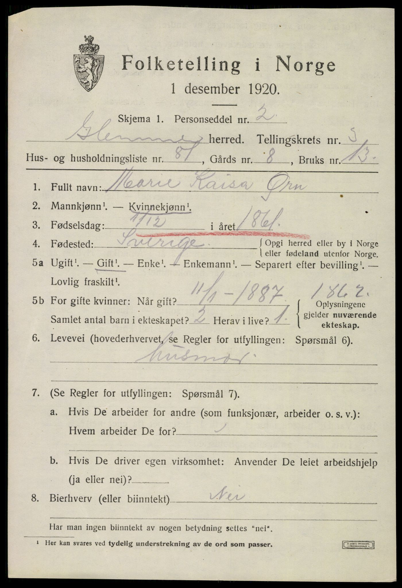 SAO, 1920 census for Glemmen, 1920, p. 7603