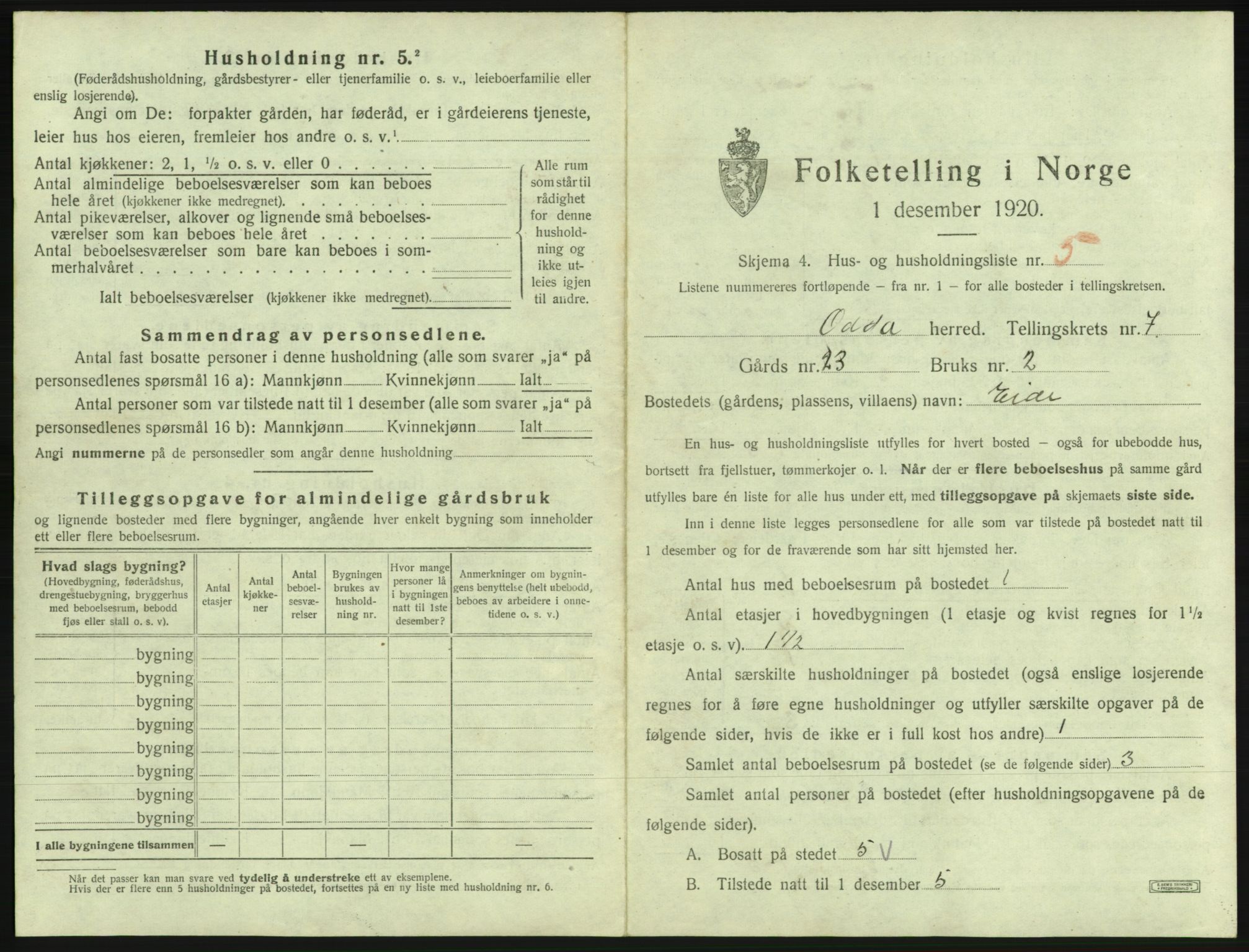 SAB, 1920 census for Odda, 1920, p. 515