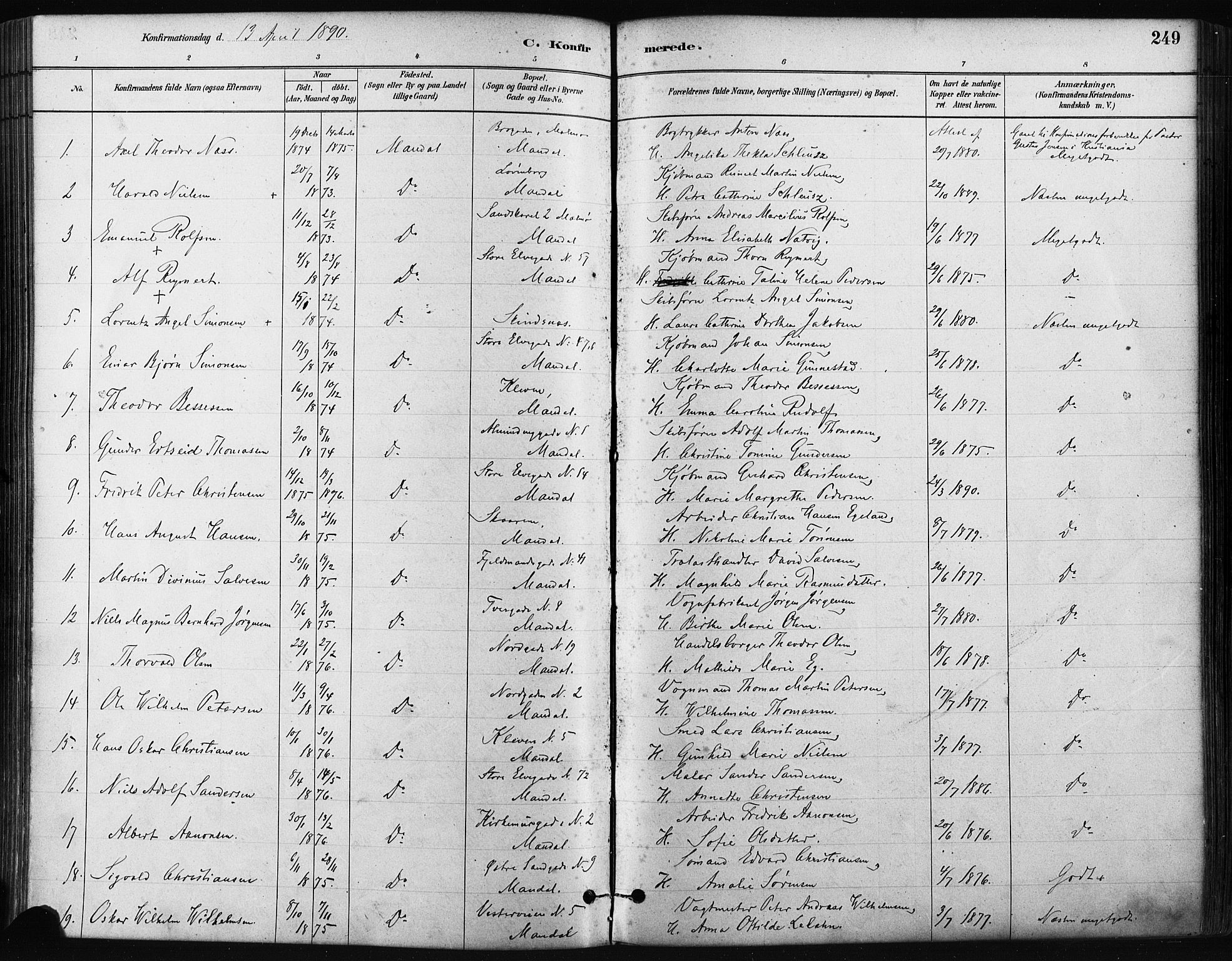 Mandal sokneprestkontor, AV/SAK-1111-0030/F/Fa/Faa/L0016: Parish register (official) no. A 16, 1880-1890, p. 249