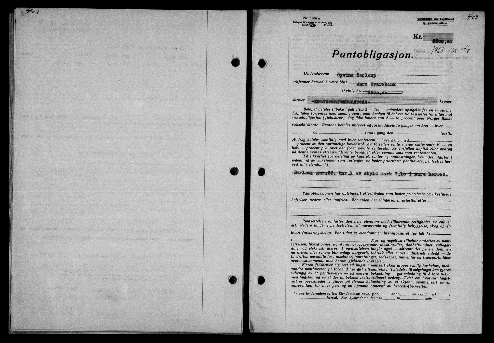 Nordmøre sorenskriveri, AV/SAT-A-4132/1/2/2Ca/L0089: Mortgage book no. 79, 1936-1936, Diary no: : 1968/1936