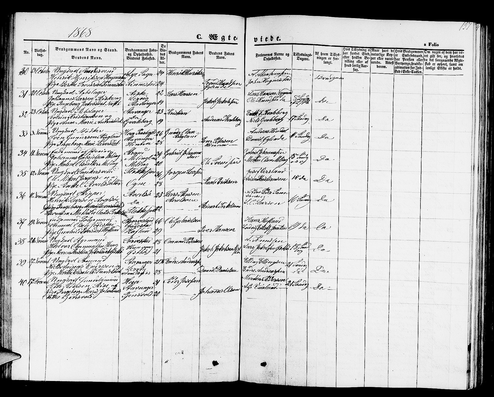 Hetland sokneprestkontor, AV/SAST-A-101826/30/30BB/L0001: Parish register (copy) no. B 1, 1850-1868, p. 137