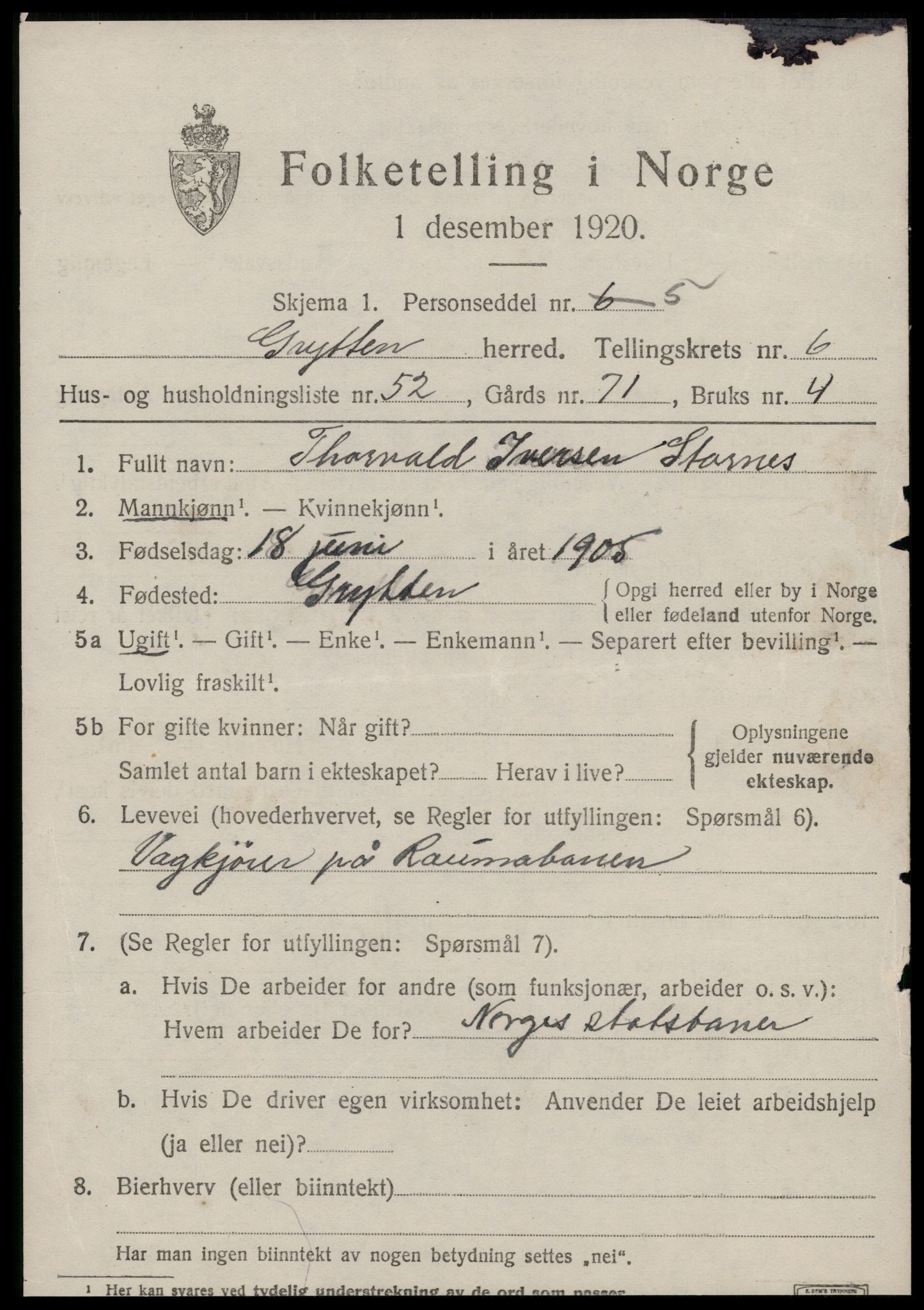 SAT, 1920 census for Grytten, 1920, p. 4822