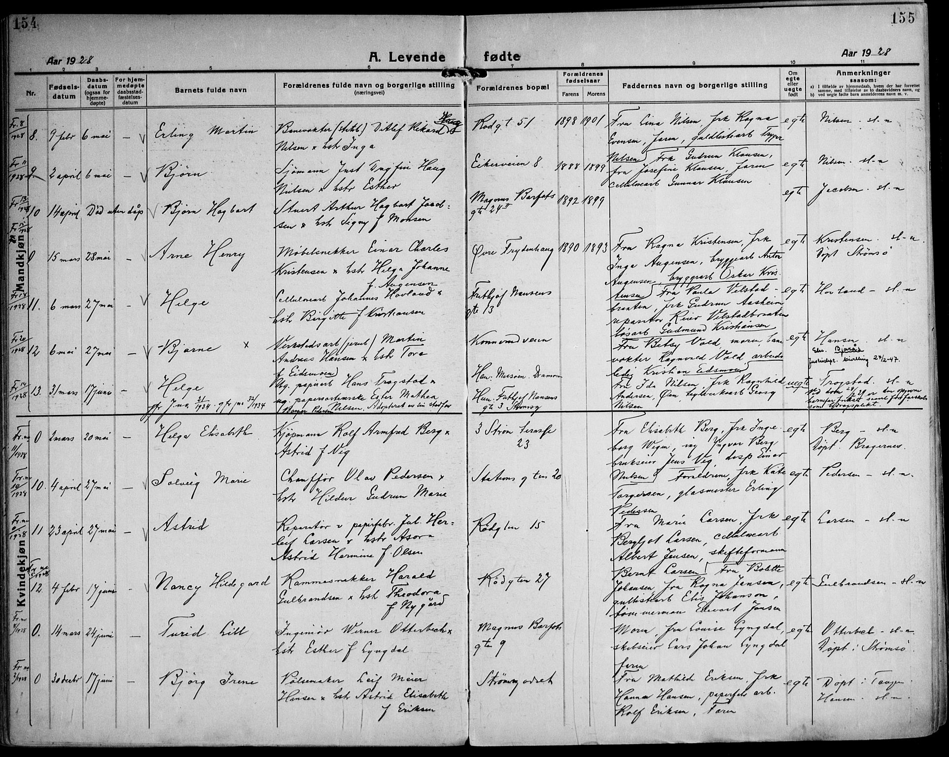 Strømsgodset kirkebøker, AV/SAKO-A-324/F/Fa/L0003: Parish register (official) no. 3, 1920-1936, p. 154-155
