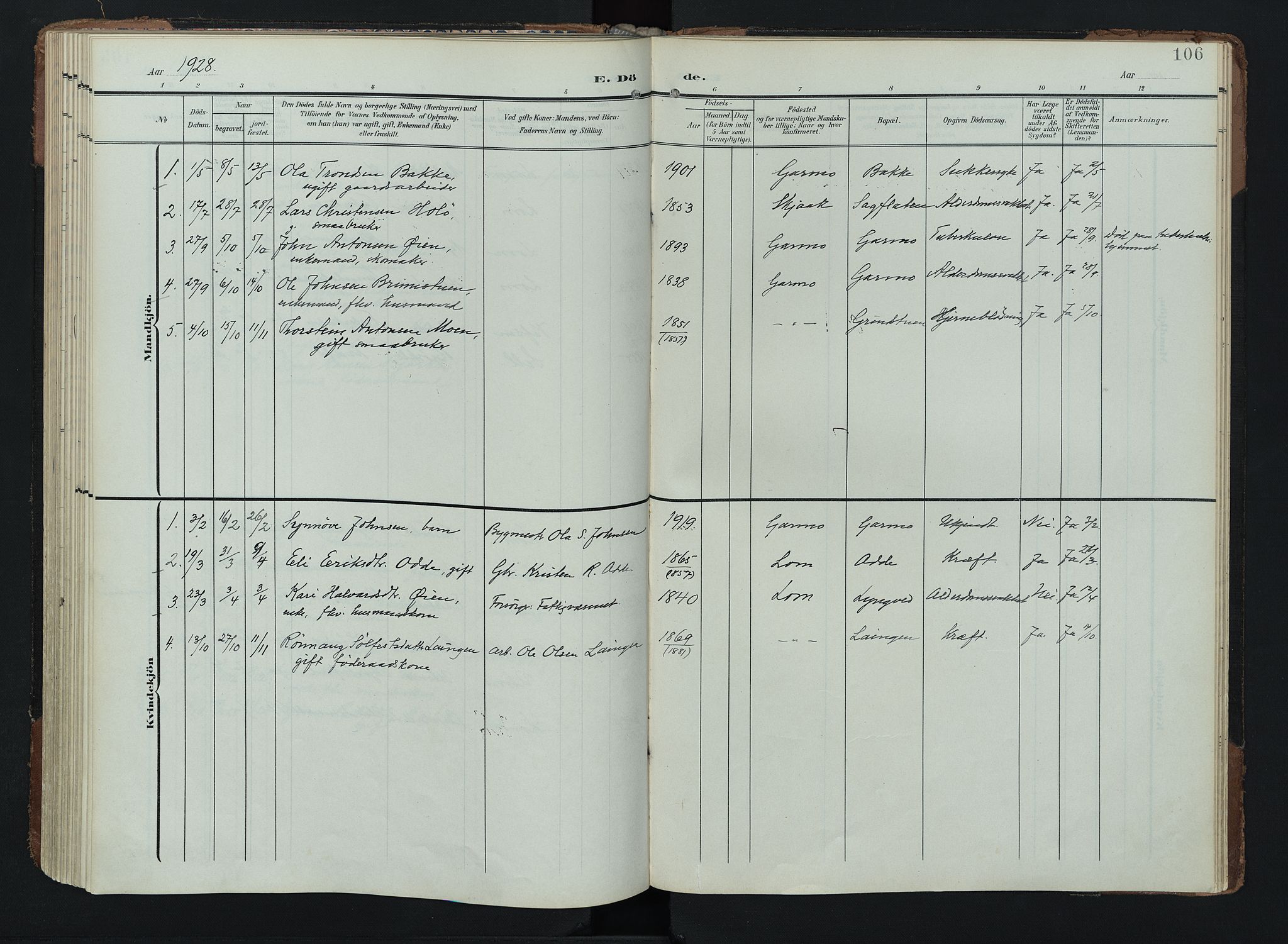 Lom prestekontor, SAH/PREST-070/K/L0011: Parish register (official) no. 11, 1904-1928, p. 106