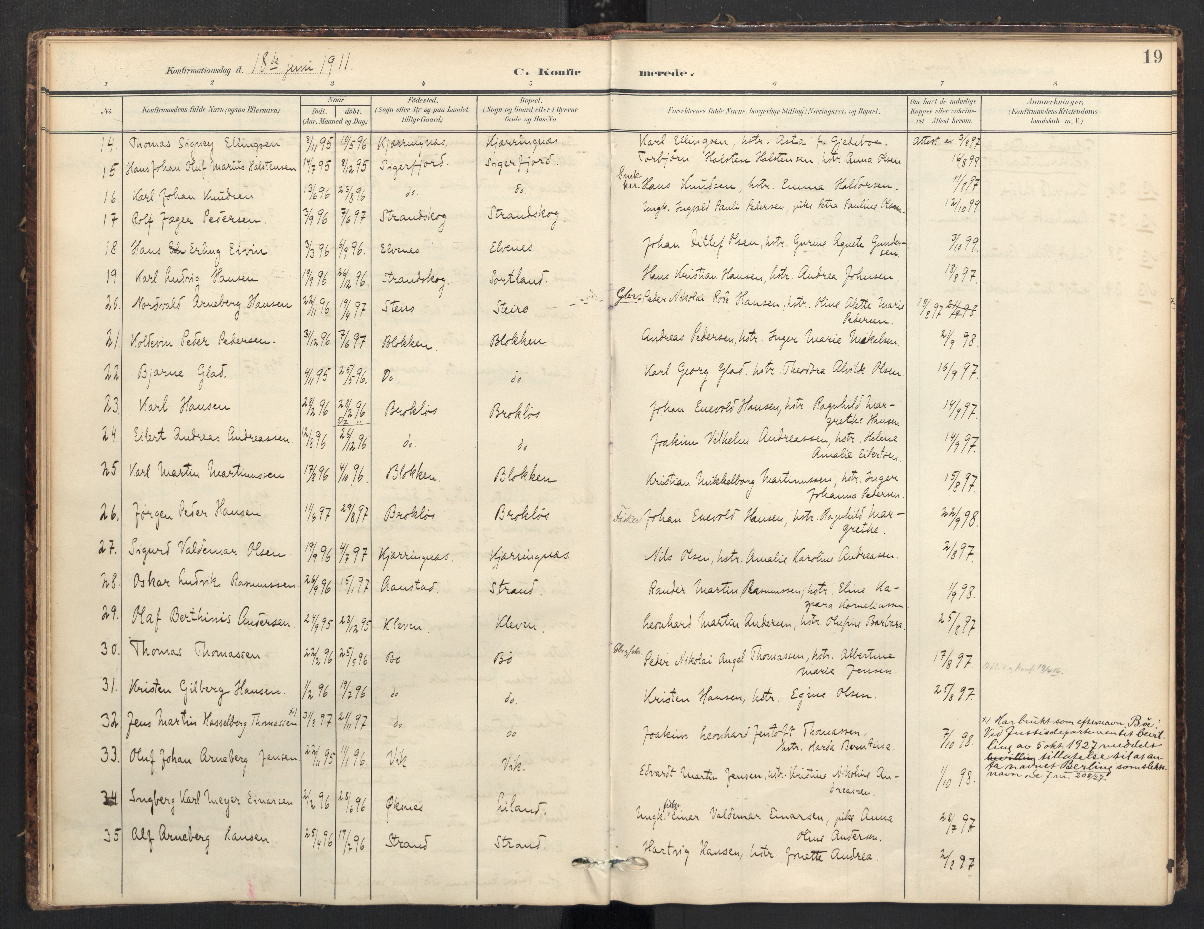 Ministerialprotokoller, klokkerbøker og fødselsregistre - Nordland, AV/SAT-A-1459/895/L1375: Parish register (official) no. 895A10, 1907-1938, p. 19