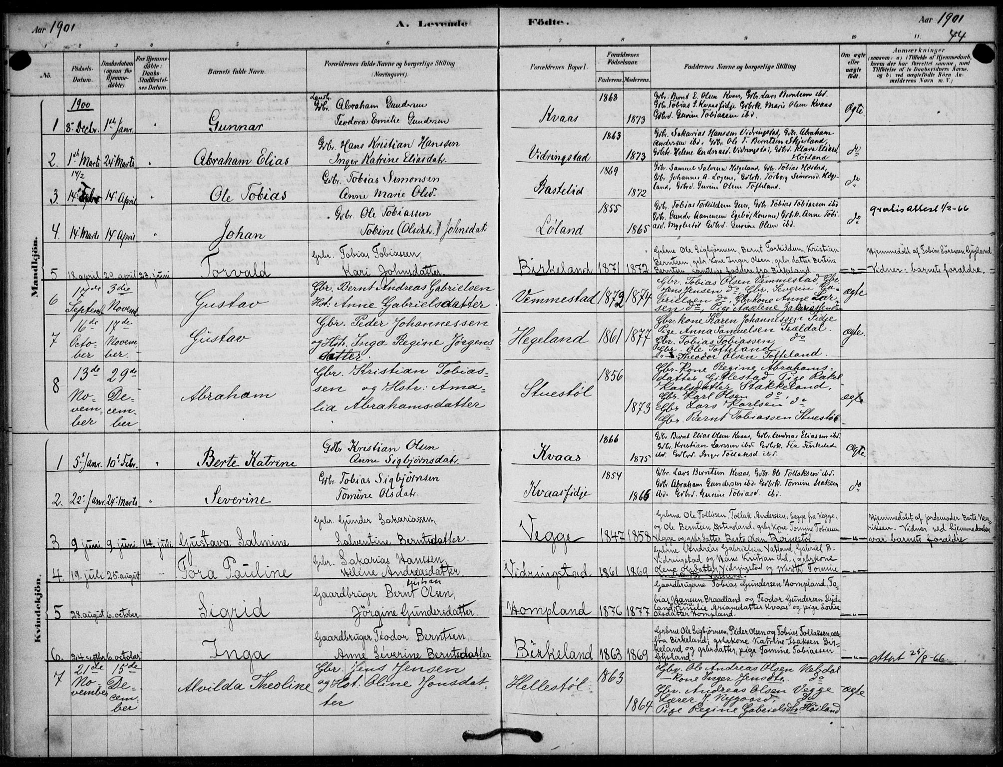 Lyngdal sokneprestkontor, SAK/1111-0029/F/Fa/Fab/L0003: Parish register (official) no. A 3, 1878-1903, p. 44