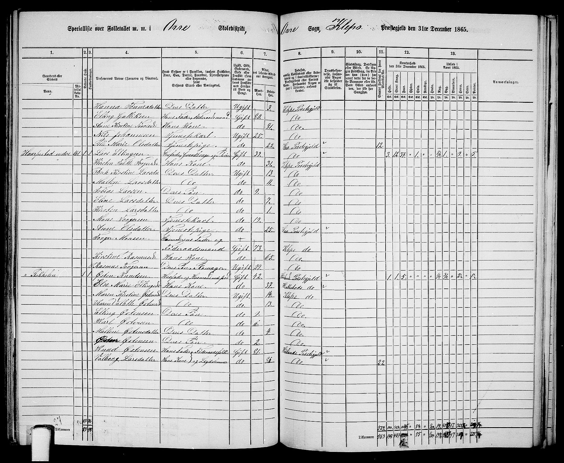 RA, 1865 census for Klepp, 1865, p. 76