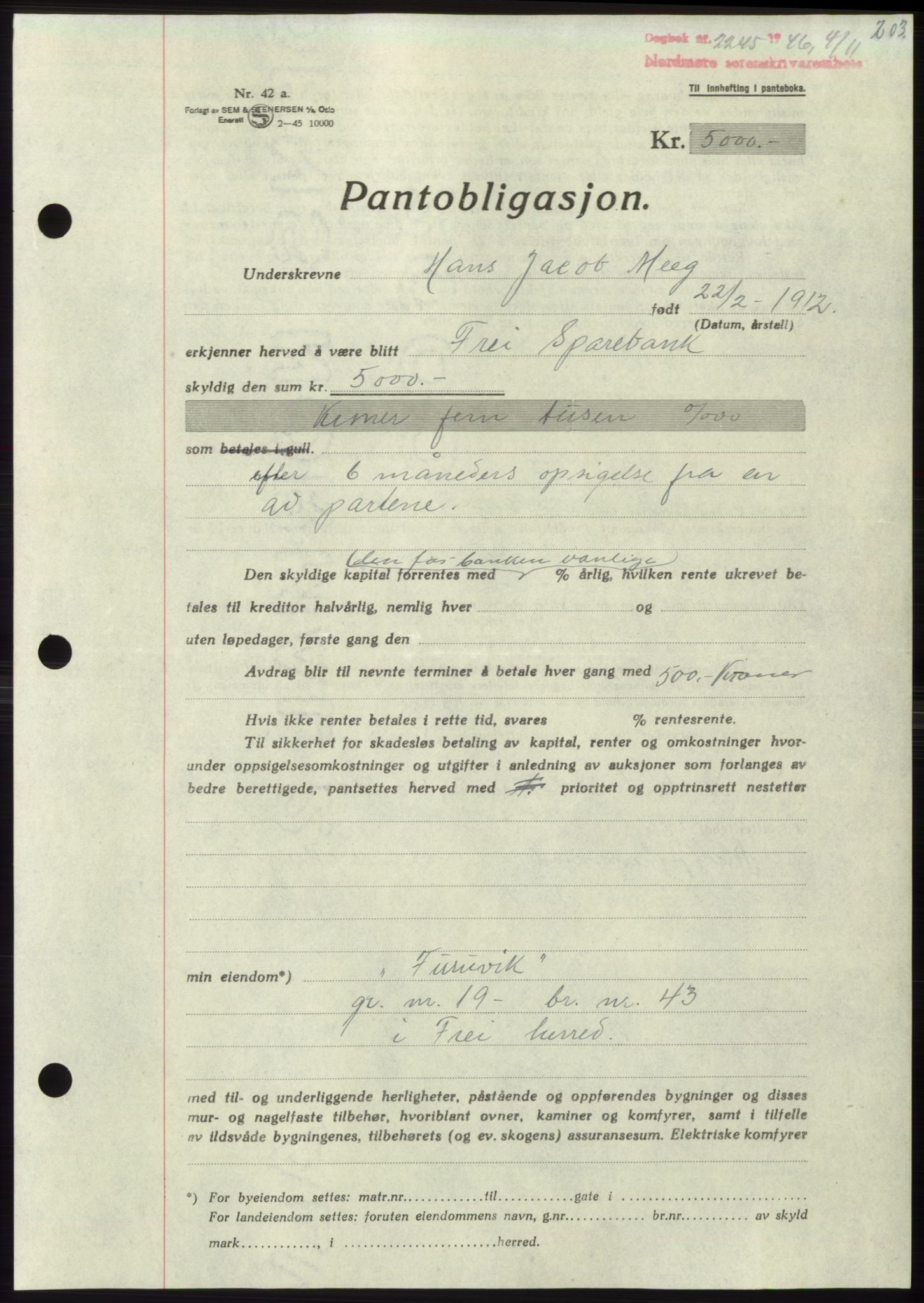 Nordmøre sorenskriveri, AV/SAT-A-4132/1/2/2Ca: Mortgage book no. B95, 1946-1947, Diary no: : 2245/1946