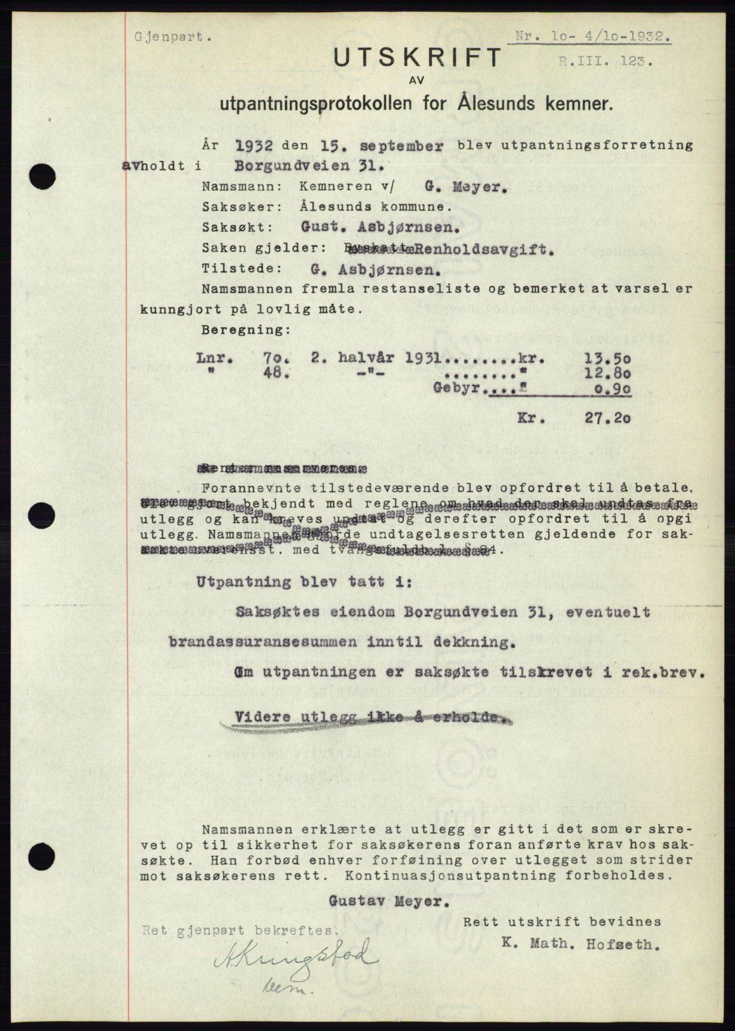 Ålesund byfogd, AV/SAT-A-4384: Mortgage book no. 30, 1932-1933, Deed date: 04.10.1932