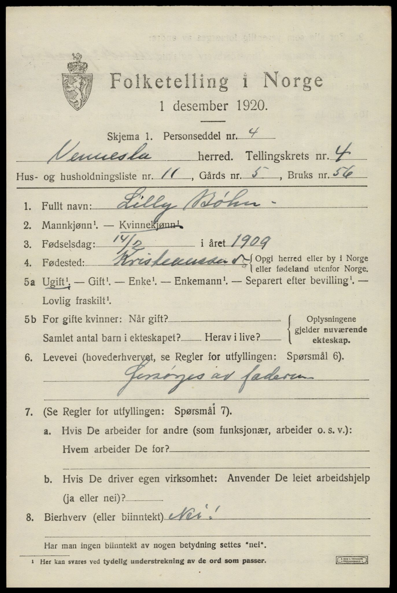 SAK, 1920 census for Vennesla, 1920, p. 2976