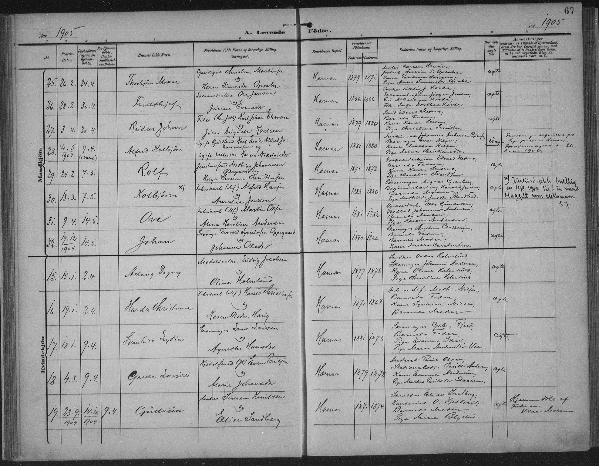 Hamar prestekontor, AV/SAH-DOMPH-002/H/Ha/Haa/L0001: Parish register (official) no. 1, 1900-1914, p. 67