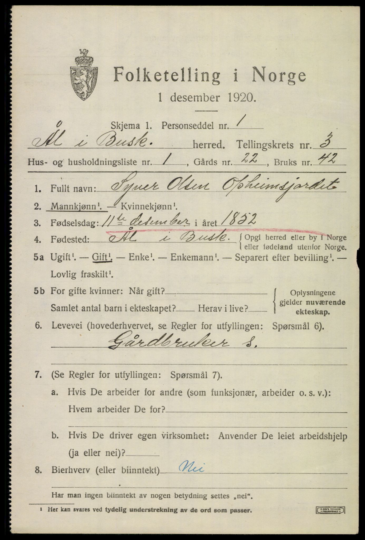 SAKO, 1920 census for Ål, 1920, p. 2376