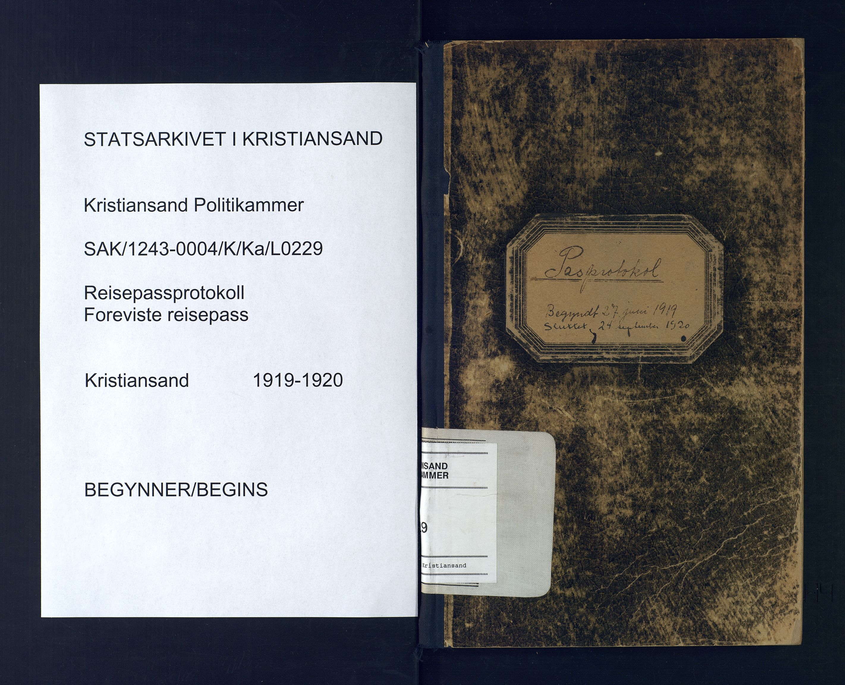 Kristiansand politikammer, SAK/1243-0004/K/Ka/L0229: Passprotokoll foreviste reisepass, 1919-1920