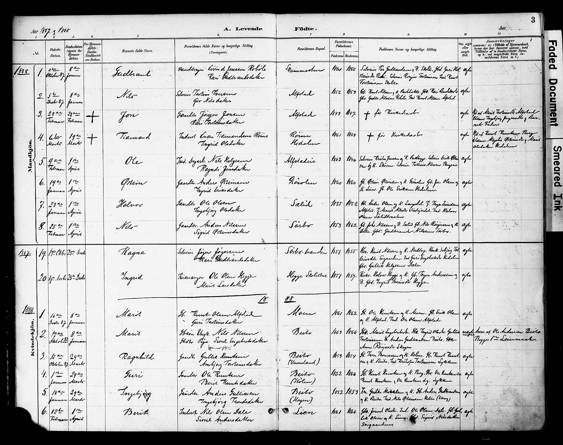Øystre Slidre prestekontor, AV/SAH-PREST-138/H/Ha/Haa/L0004: Parish register (official) no. 4, 1887-1910, p. 3