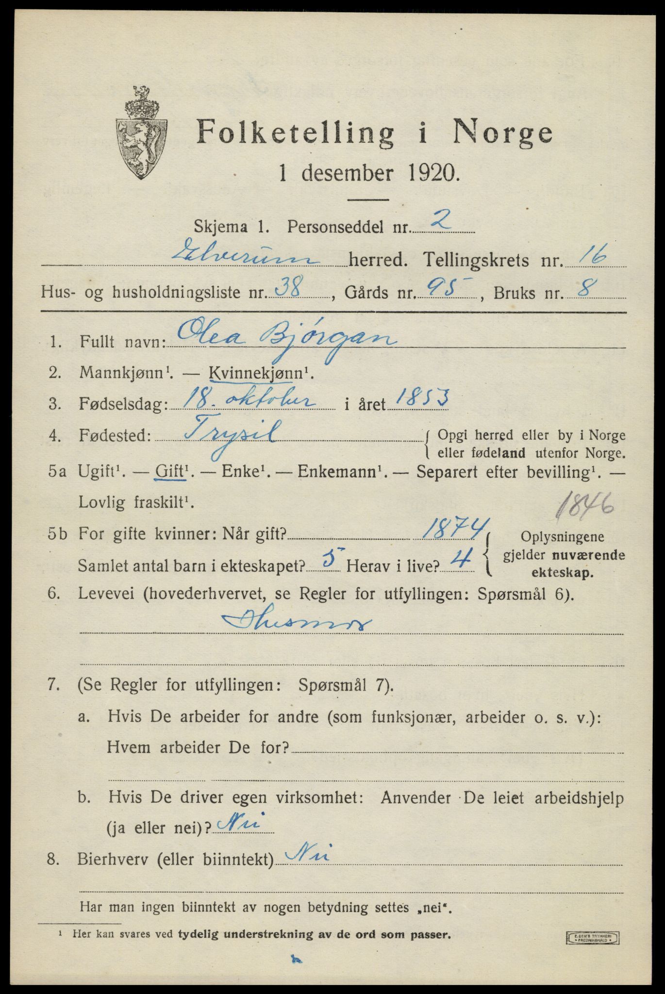 SAH, 1920 census for Elverum, 1920, p. 21212