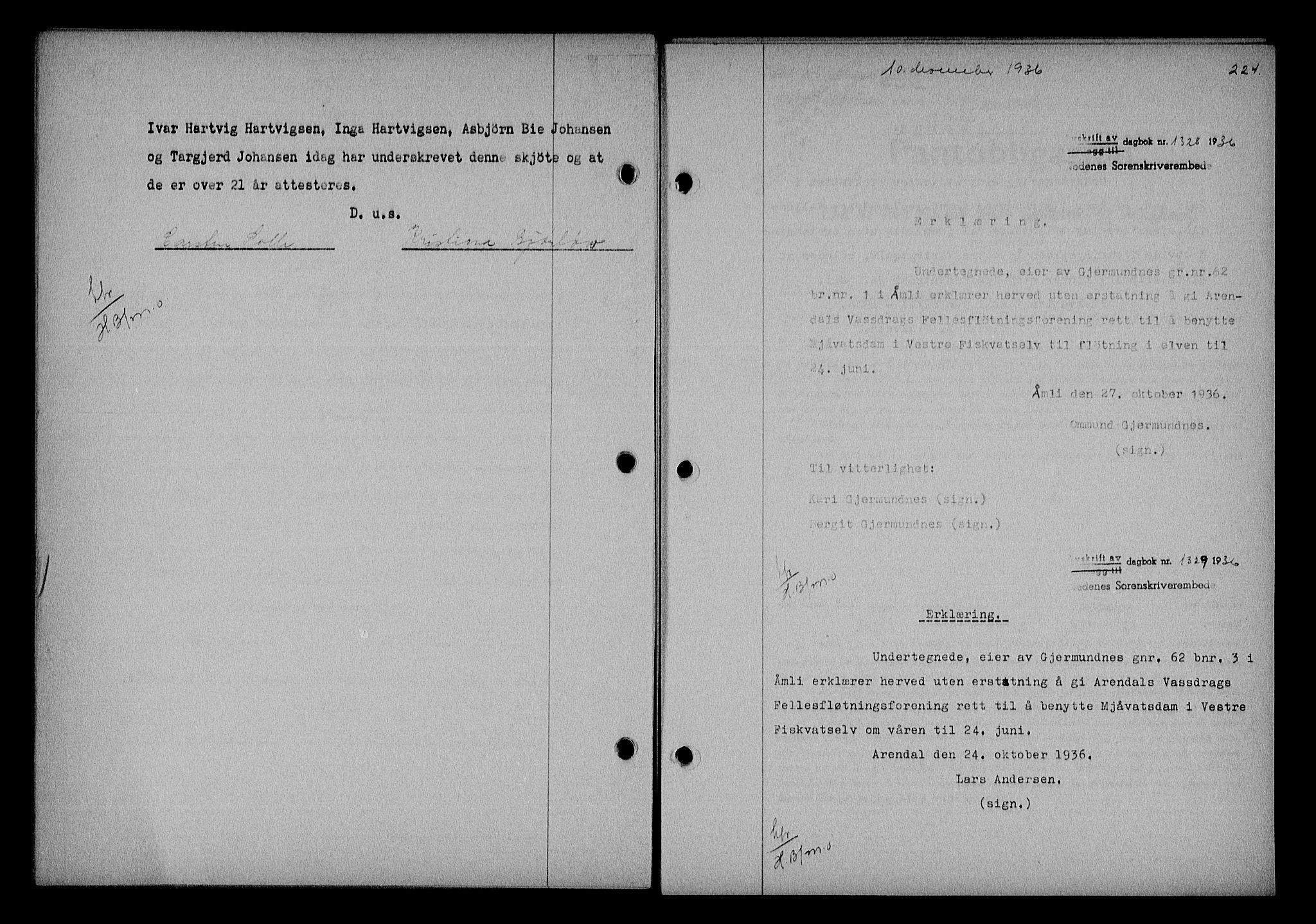 Nedenes sorenskriveri, SAK/1221-0006/G/Gb/Gba/L0043: Mortgage book no. 39, 1936-1937, Diary no: : 1328/1936