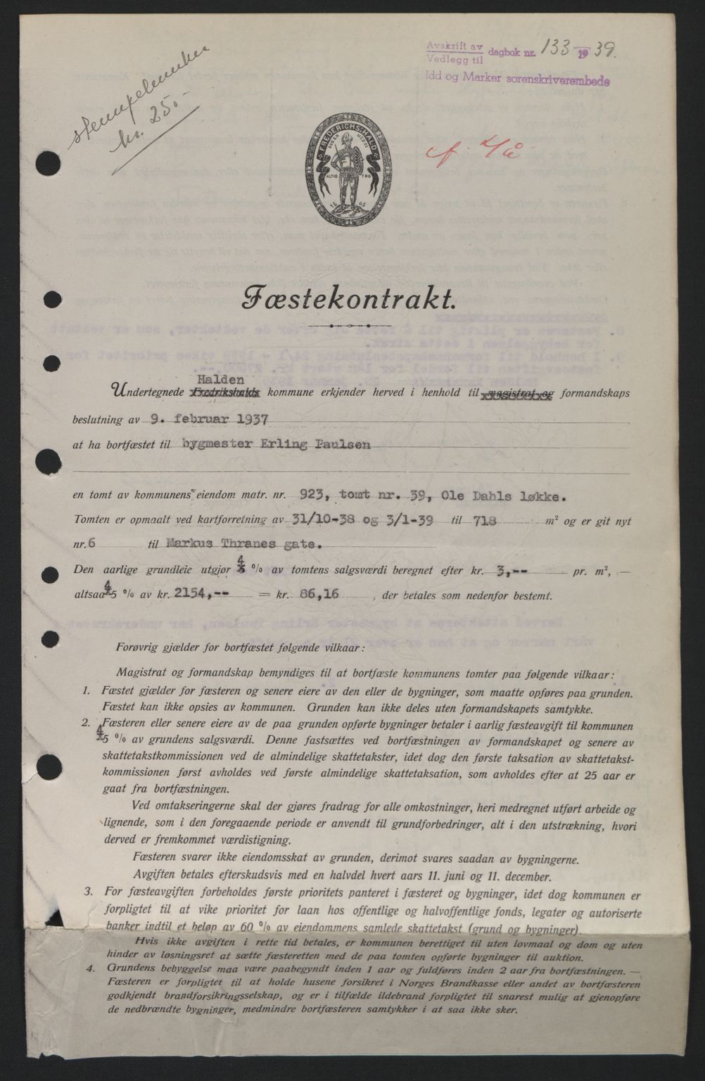 Idd og Marker sorenskriveri, AV/SAO-A-10283/G/Gb/Gbb/L0003: Mortgage book no. A3, 1938-1939, Diary no: : 133/1939