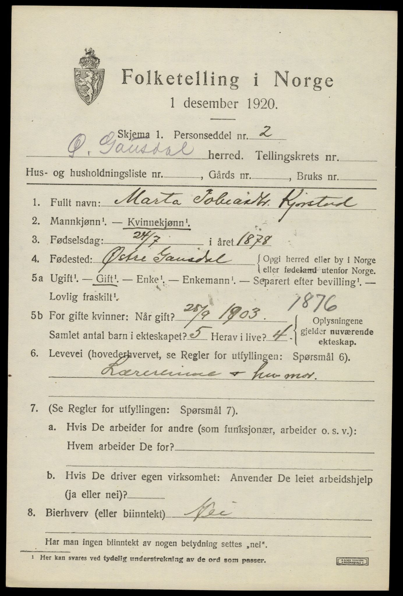 SAH, 1920 census for Nord-Aurdal, 1920, p. 11484