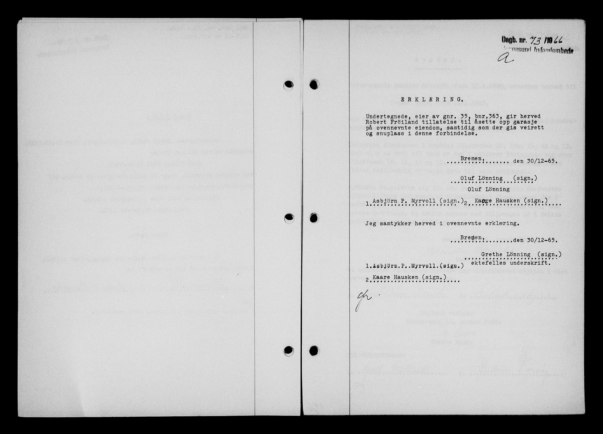 Haugesund tingrett, AV/SAST-A-101415/01/II/IIC/L0076: Mortgage book no. A 17, 1965-1966, Diary no: : 73/1966