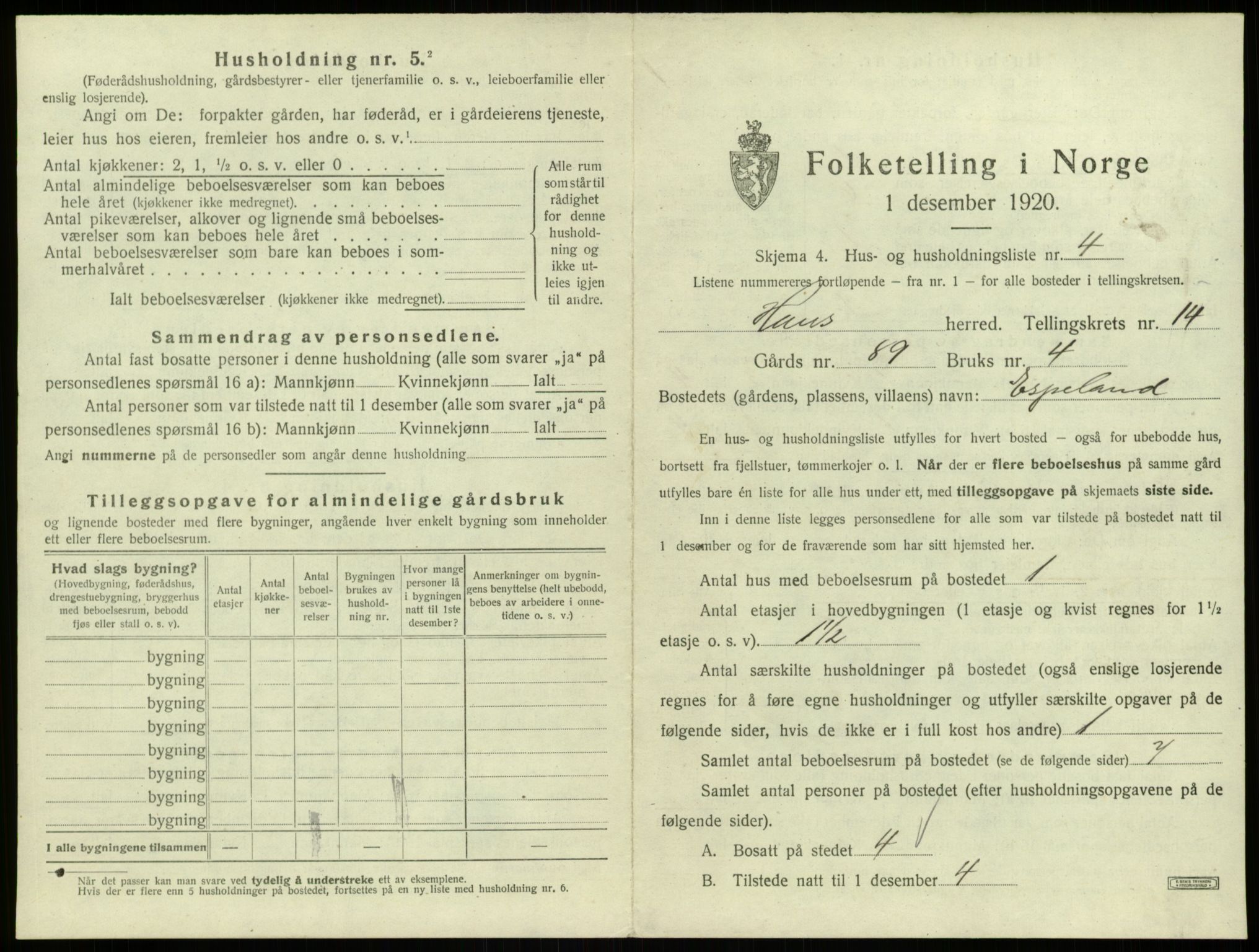 SAB, 1920 census for Haus, 1920, p. 1142