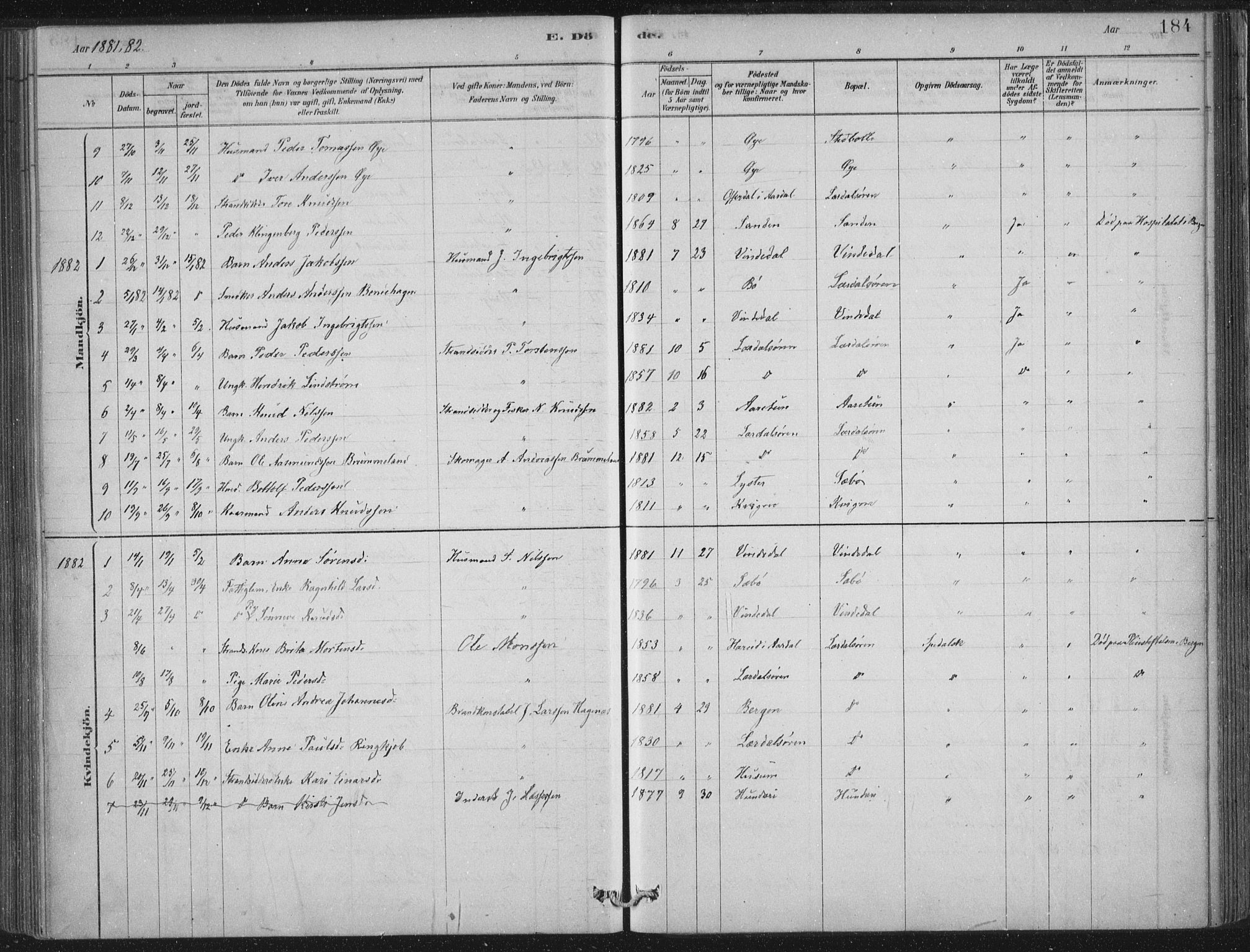 Lærdal sokneprestembete, SAB/A-81201: Parish register (official) no. D  1, 1878-1908, p. 184