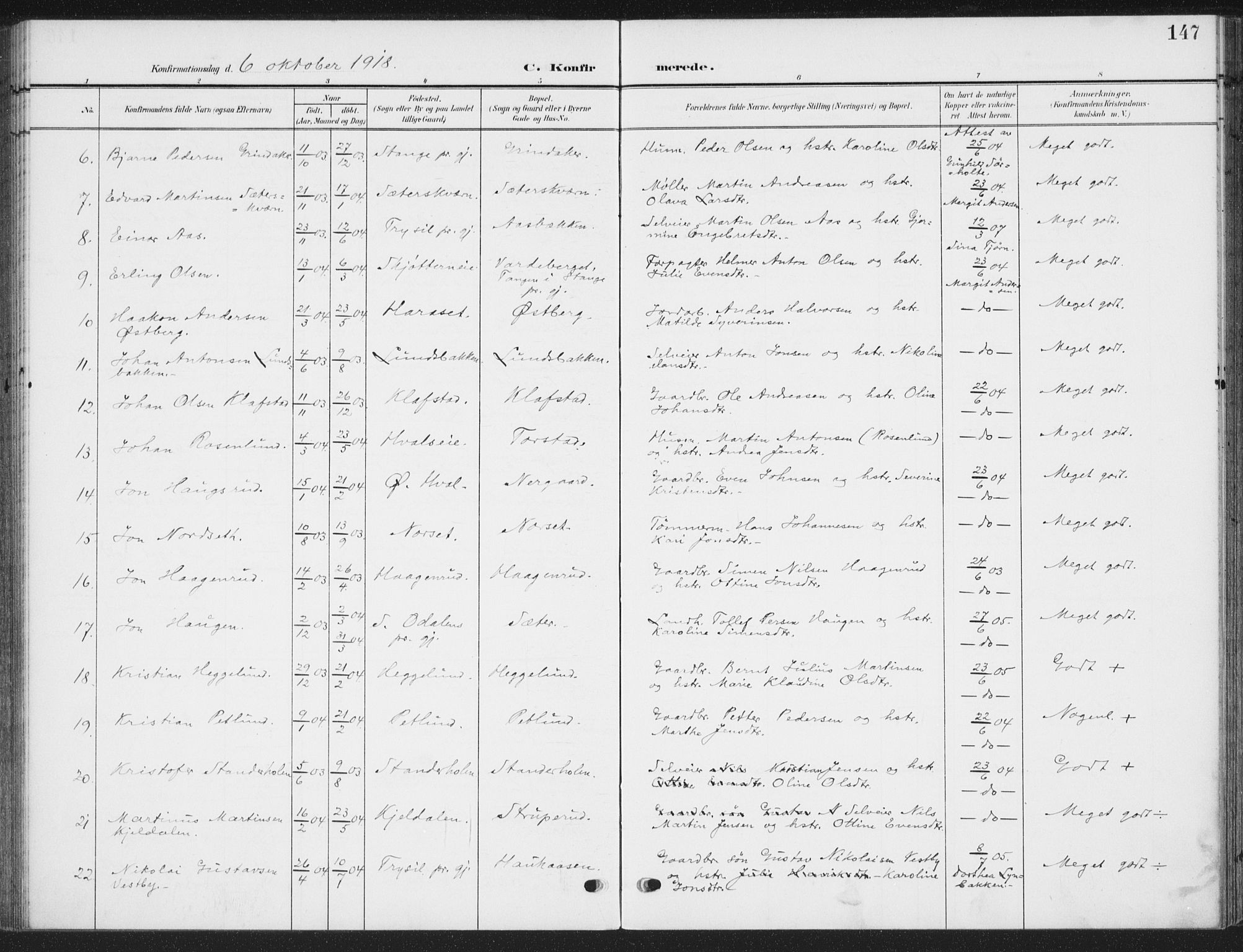 Romedal prestekontor, AV/SAH-PREST-004/K/L0009: Parish register (official) no. 9, 1906-1929, p. 147