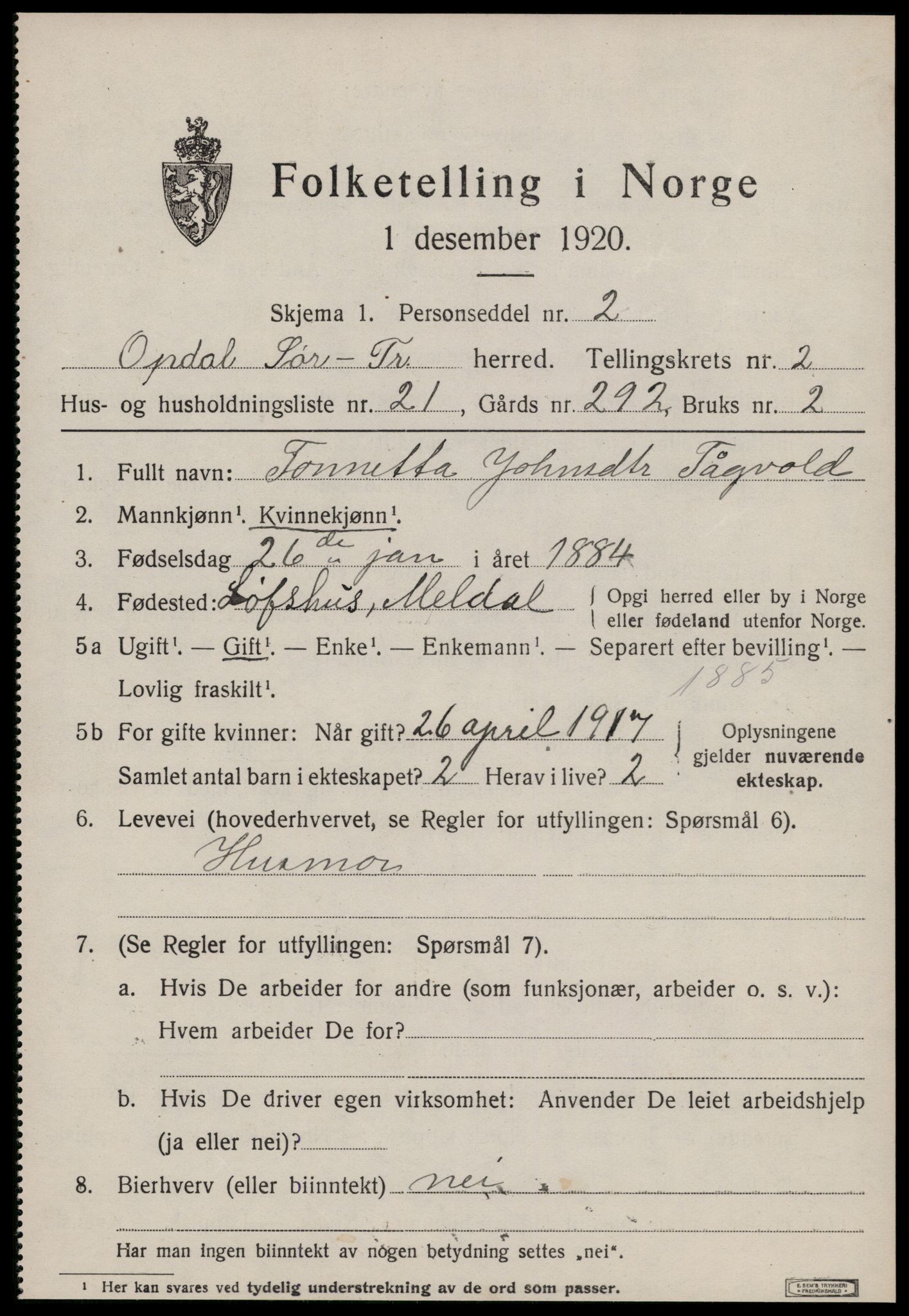 SAT, 1920 census for Oppdal, 1920, p. 2649