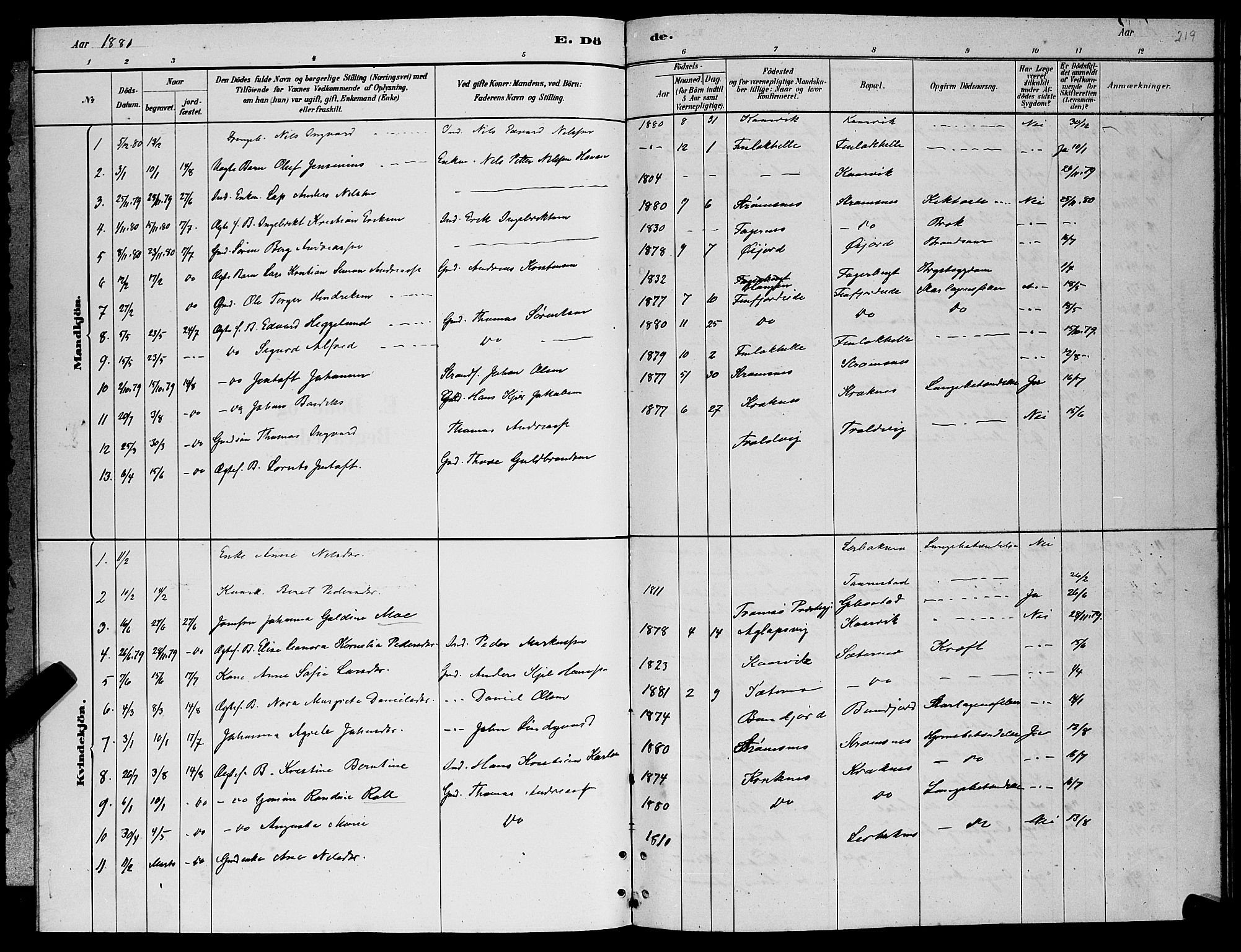 Lenvik sokneprestembete, SATØ/S-1310/H/Ha/Hab/L0006klokker: Parish register (copy) no. 6, 1881-1889, p. 219