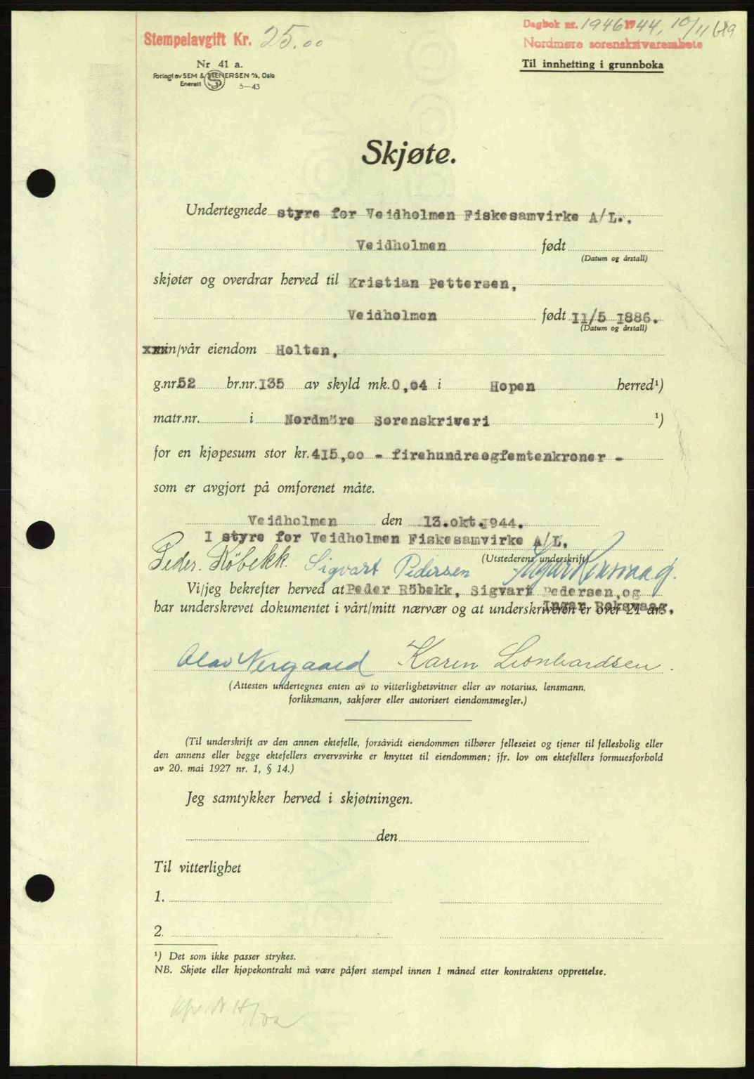 Nordmøre sorenskriveri, AV/SAT-A-4132/1/2/2Ca: Mortgage book no. A98, 1944-1944, Diary no: : 1946/1944