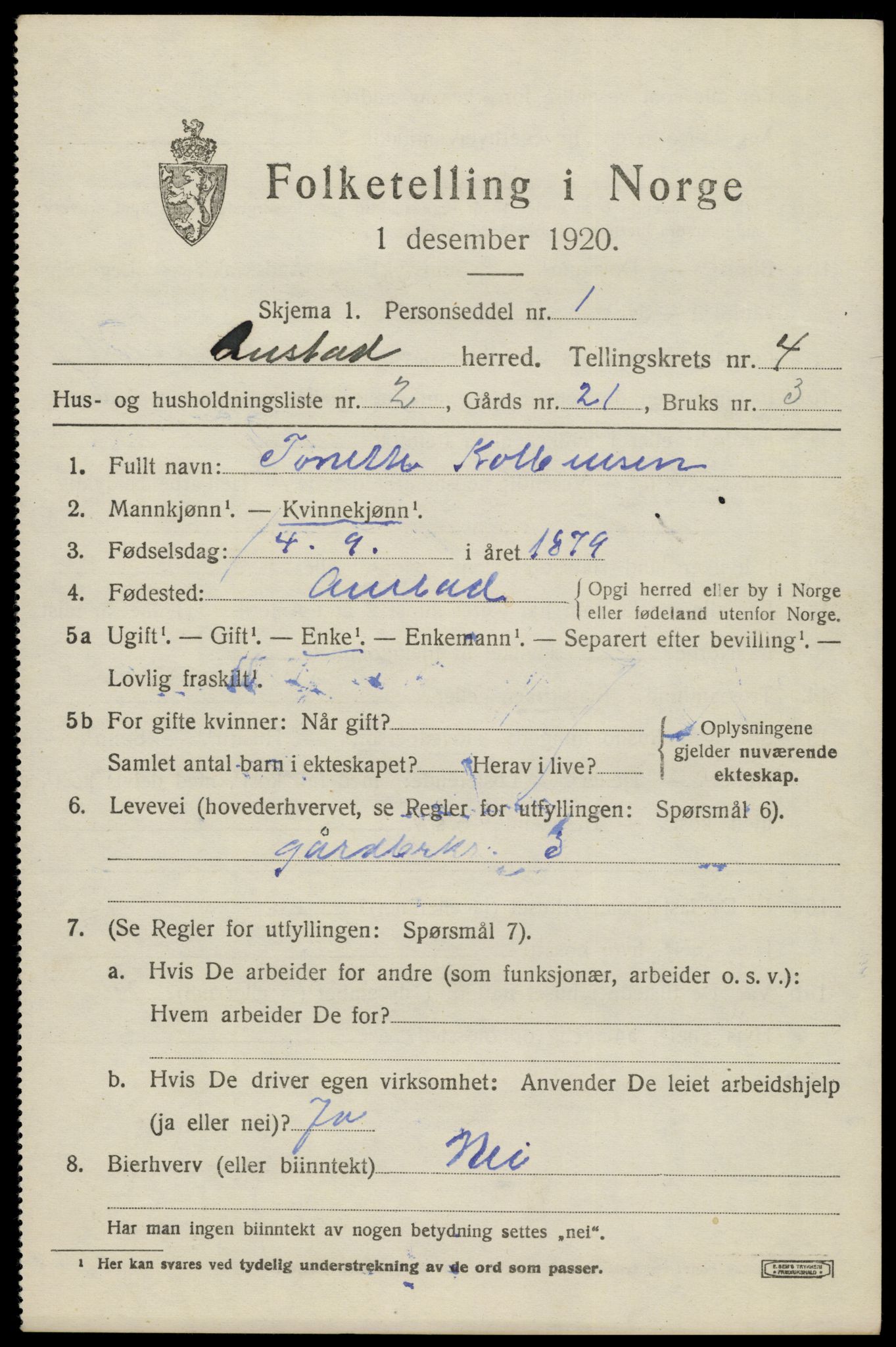 SAK, 1920 census for Austad, 1920, p. 1423