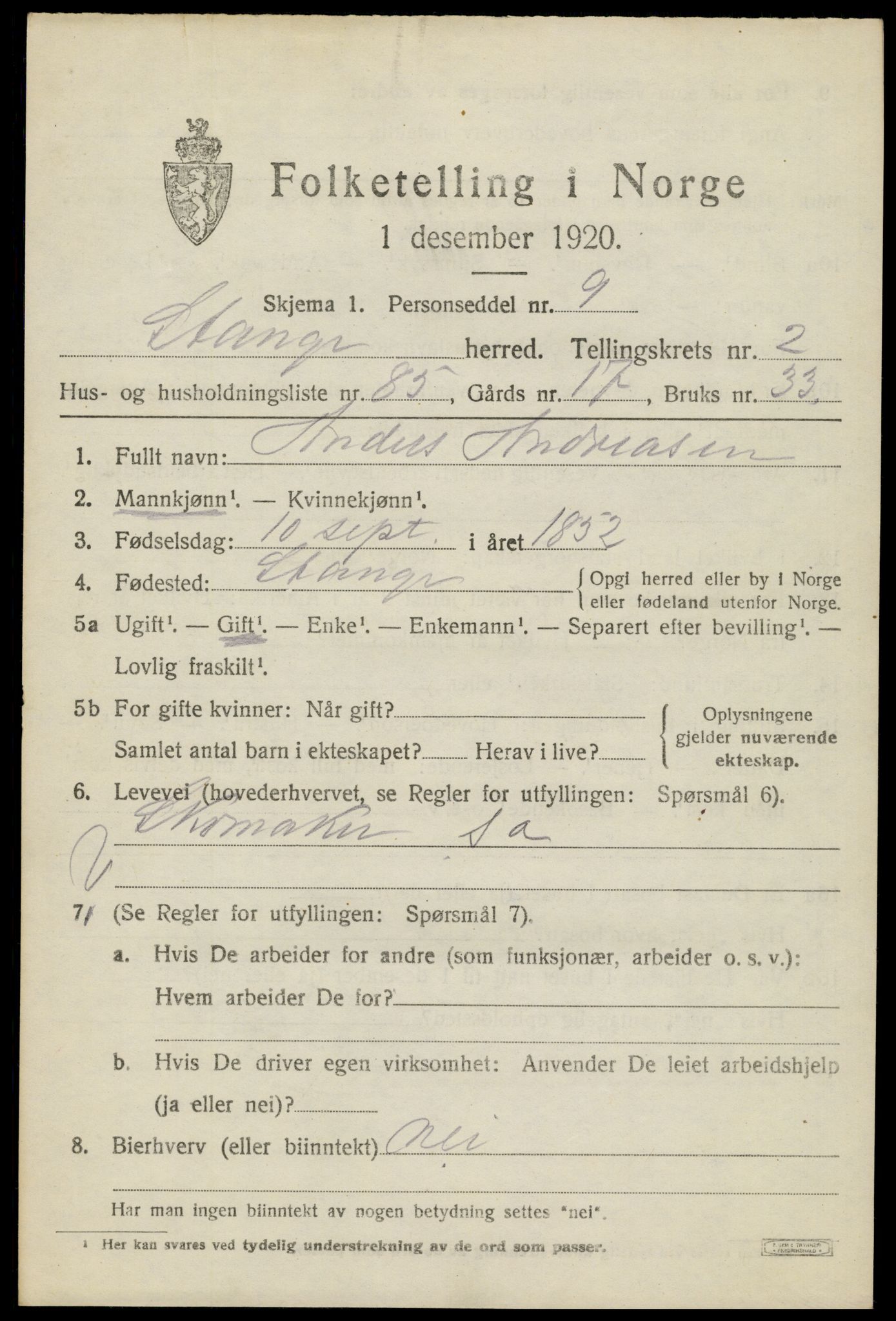 SAH, 1920 census for Stange, 1920, p. 5193