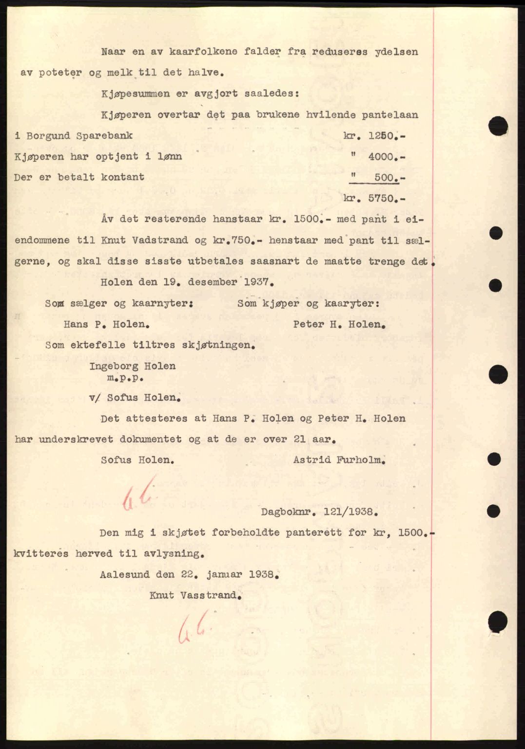 Nordre Sunnmøre sorenskriveri, AV/SAT-A-0006/1/2/2C/2Ca: Mortgage book no. A4, 1937-1938, Diary no: : 1817/1937