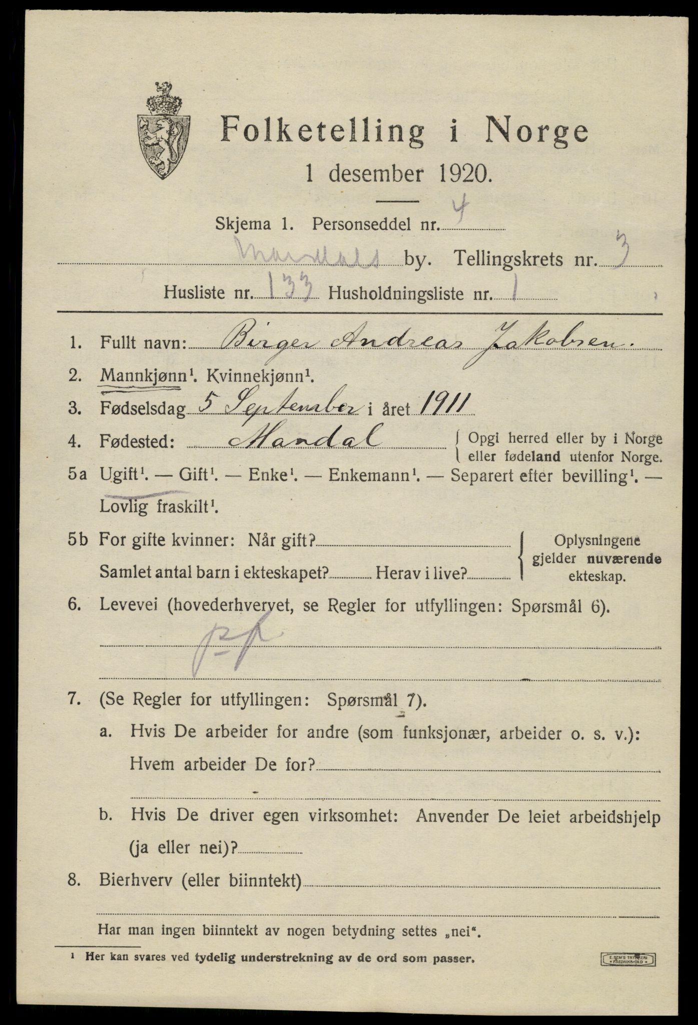SAK, 1920 census for Mandal, 1920, p. 6995