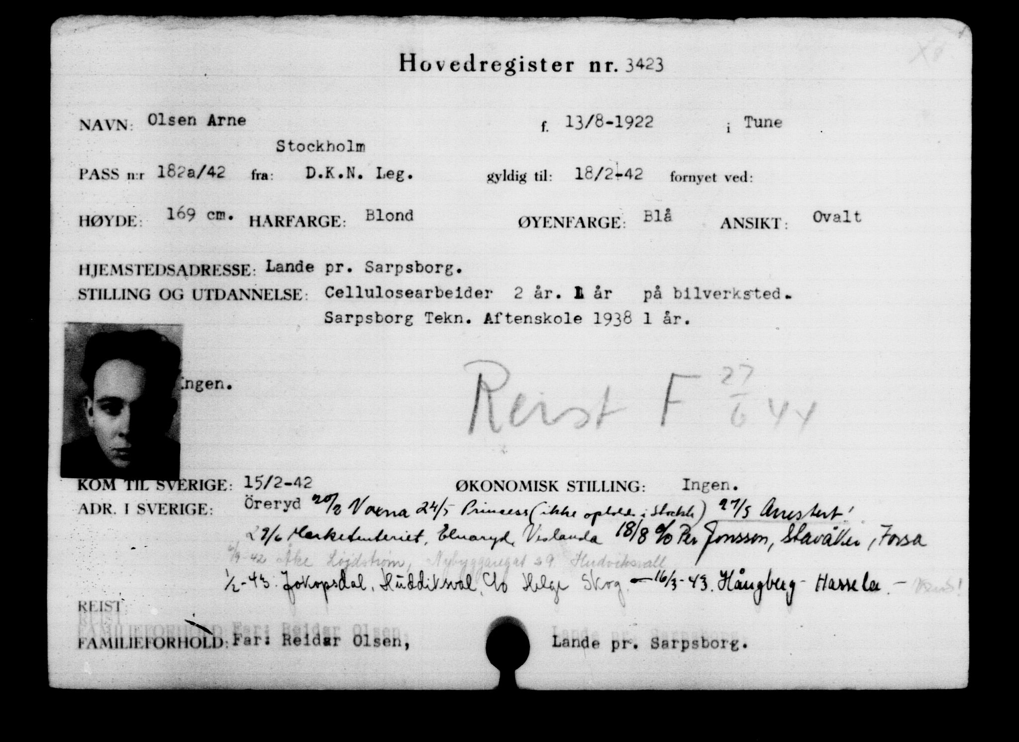 Utenriksstasjonene, Legasjonen i Stockholm, Flyktningkontoret, AV/RA-S-6753/V/Va/L0003: Kjesäterkartoteket, flyktninger med registreringsnr. 2001-3495, 1940-1945, p. 1928