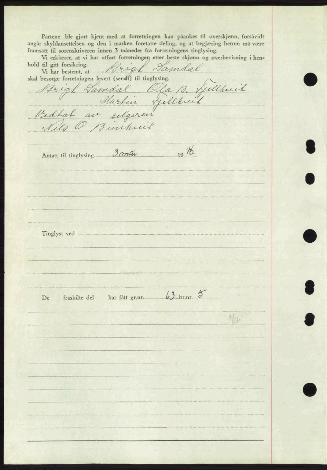 Midhordland sorenskriveri, AV/SAB-A-3001/1/G/Gb/Gbj/L0022: Mortgage book no. A41-43, 1946-1946, Diary no: : 1726/1946