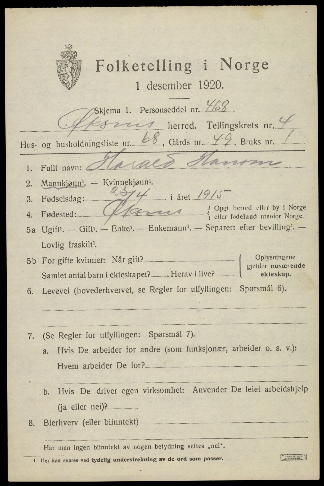 SAT, 1920 census for Øksnes, 1920, p. 3780