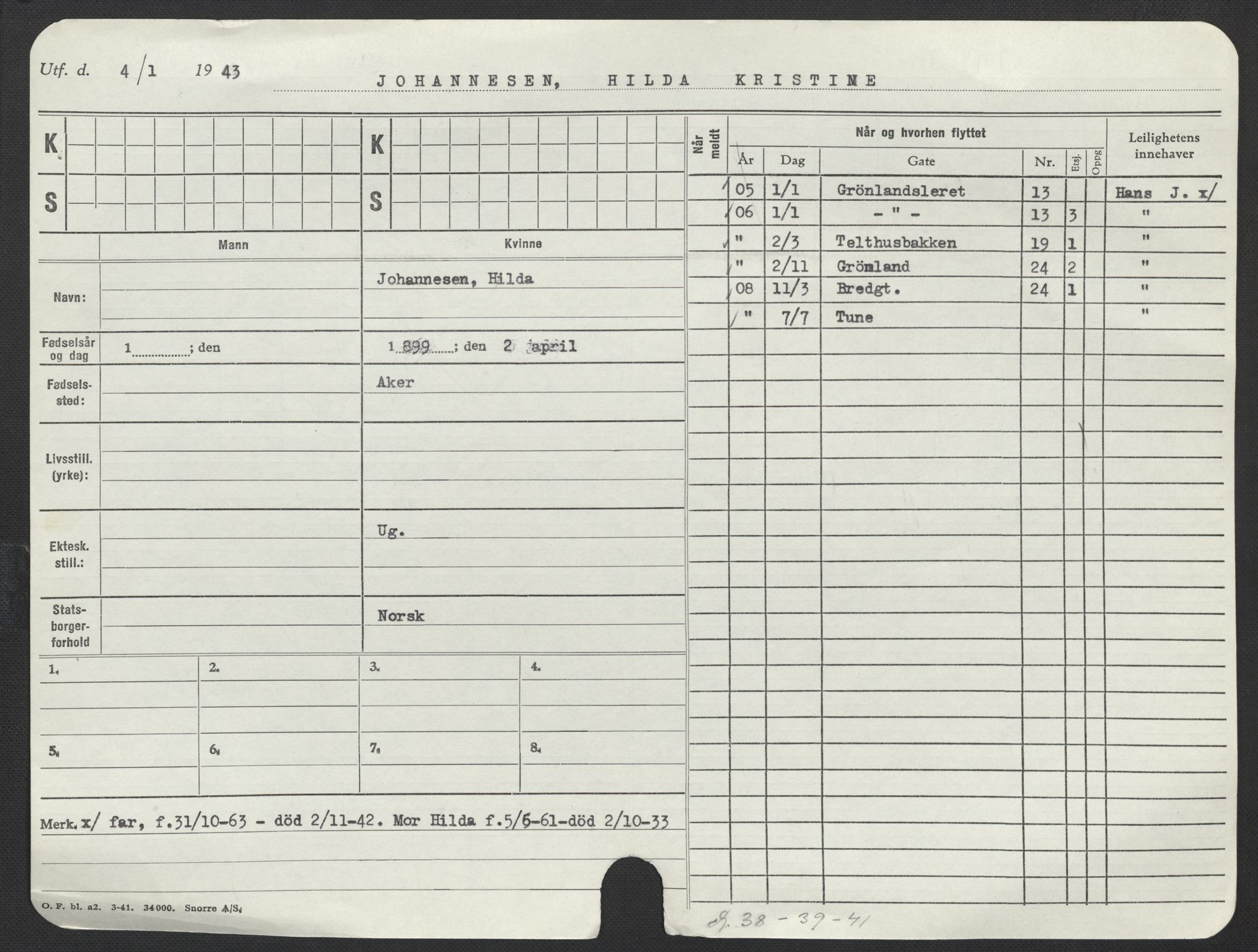 Oslo folkeregister, Registerkort, AV/SAO-A-11715/F/Fa/Fac/L0018: Kvinner, 1906-1914, p. 63a