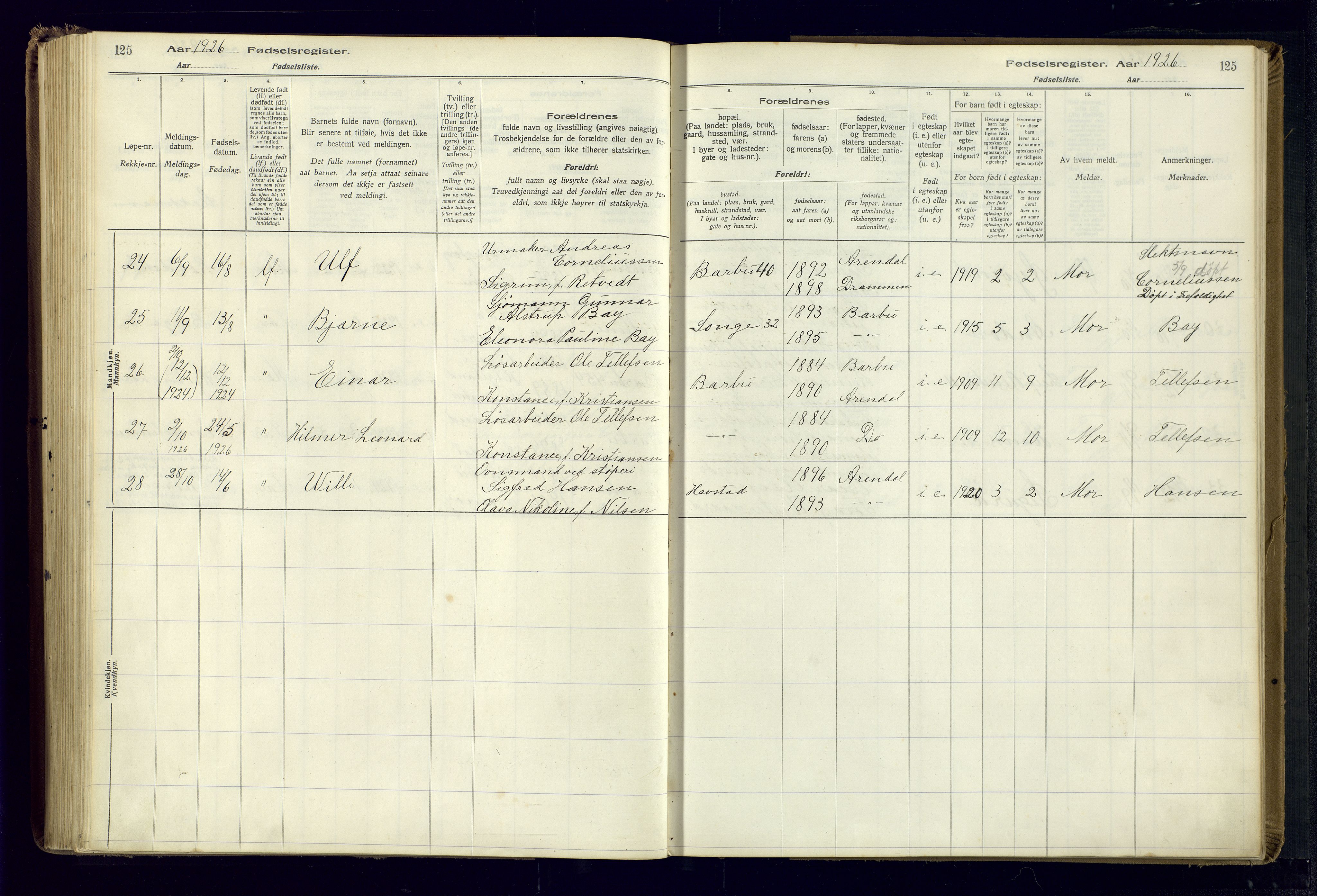 Barbu sokneprestkontor, SAK/1111-0003/J/Ja/L0001: Birth register no. A-VIII-1, 1916-1937, p. 125