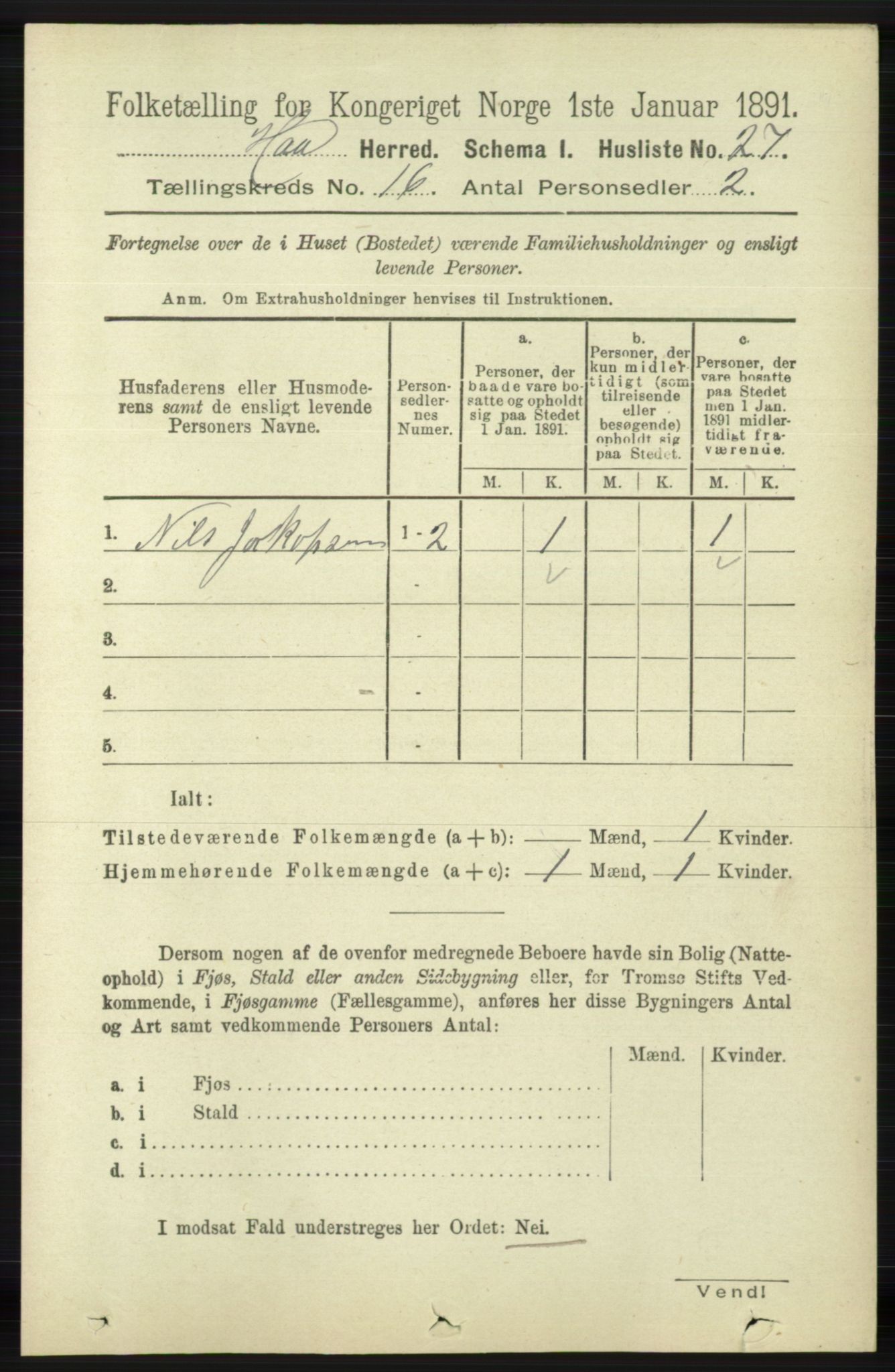 RA, 1891 census for 1119 Hå, 1891, p. 4016