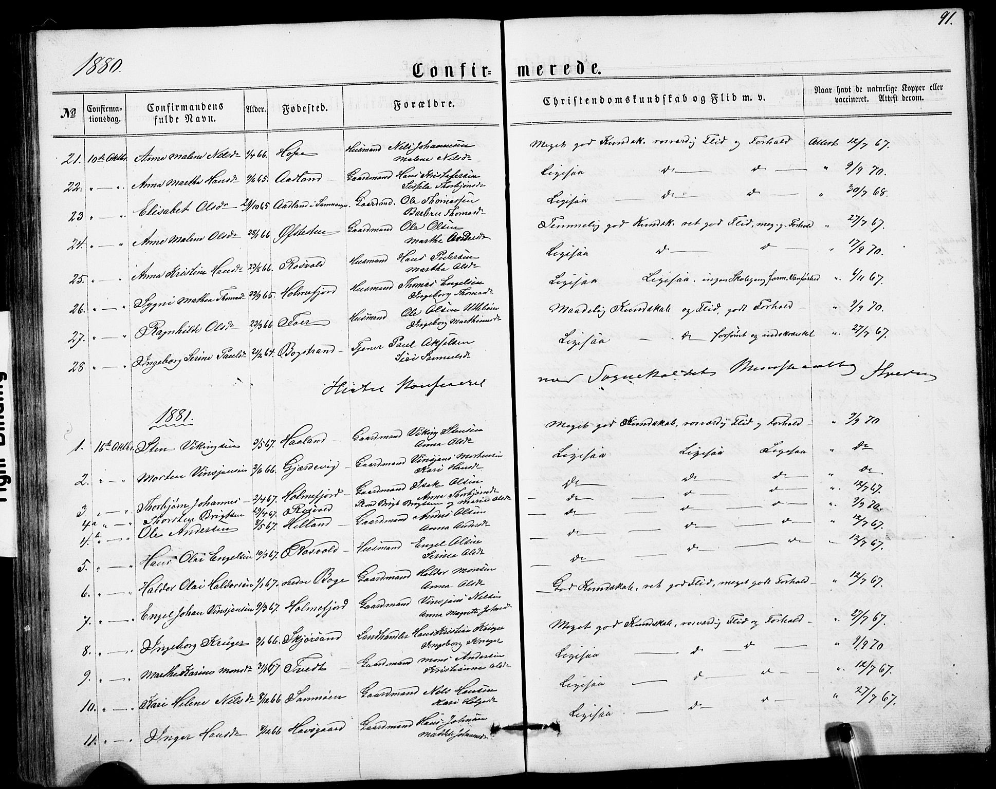 Fusa sokneprestembete, SAB/A-75401/H/Hab: Parish register (copy) no. A 1, 1861-1894, p. 91